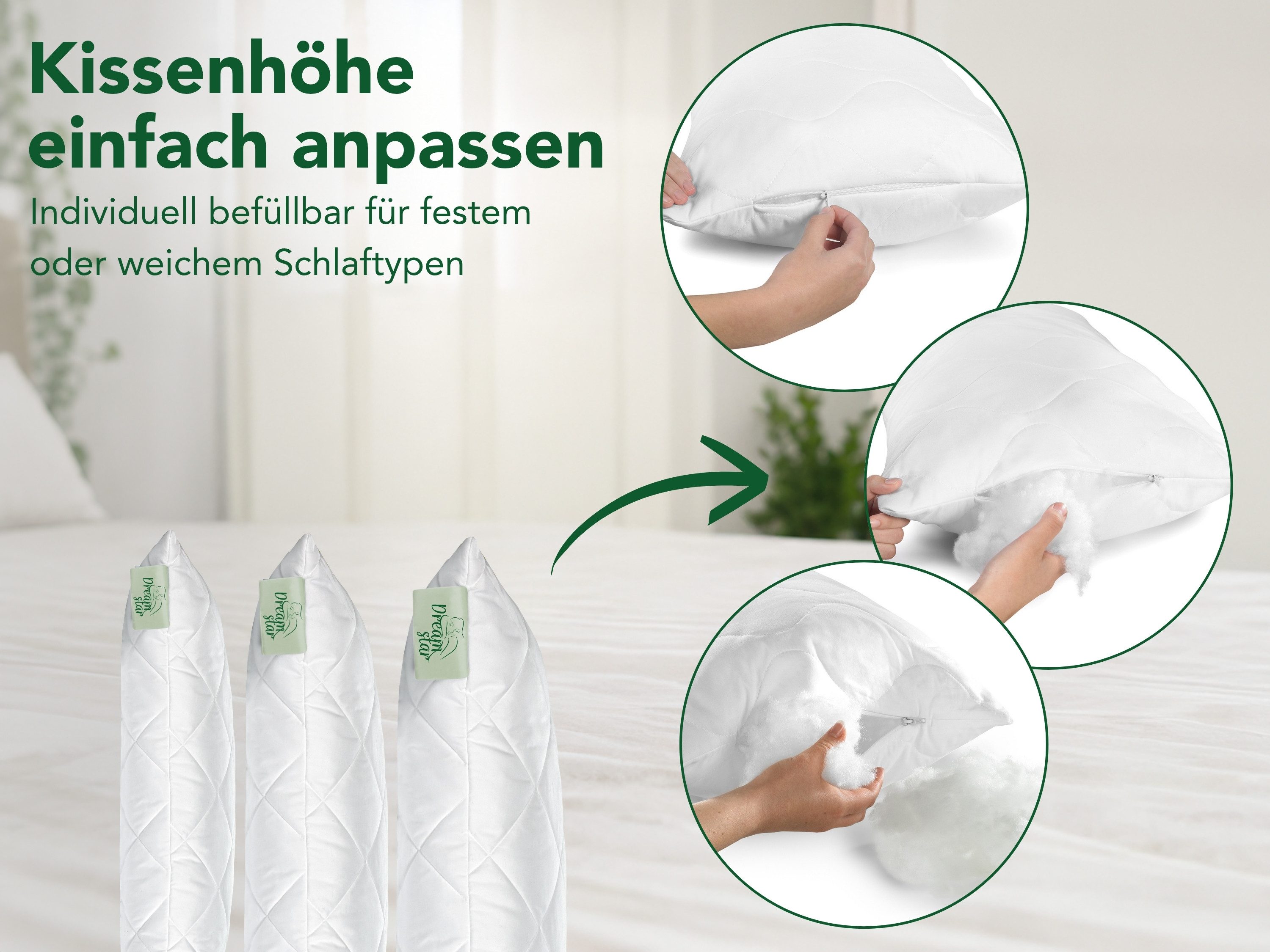 Dreamstar Microfaserkissen Kopfkissen - einzeln & 2er Set - 40x80 & 80x80 cm - weich & fest, Füllung: 100% Polyester, Seitenschläfer, Bauchschläfer, Rückenschläfer, Reißverschluss für Füllung - waschbar - allergikerfreundlich -