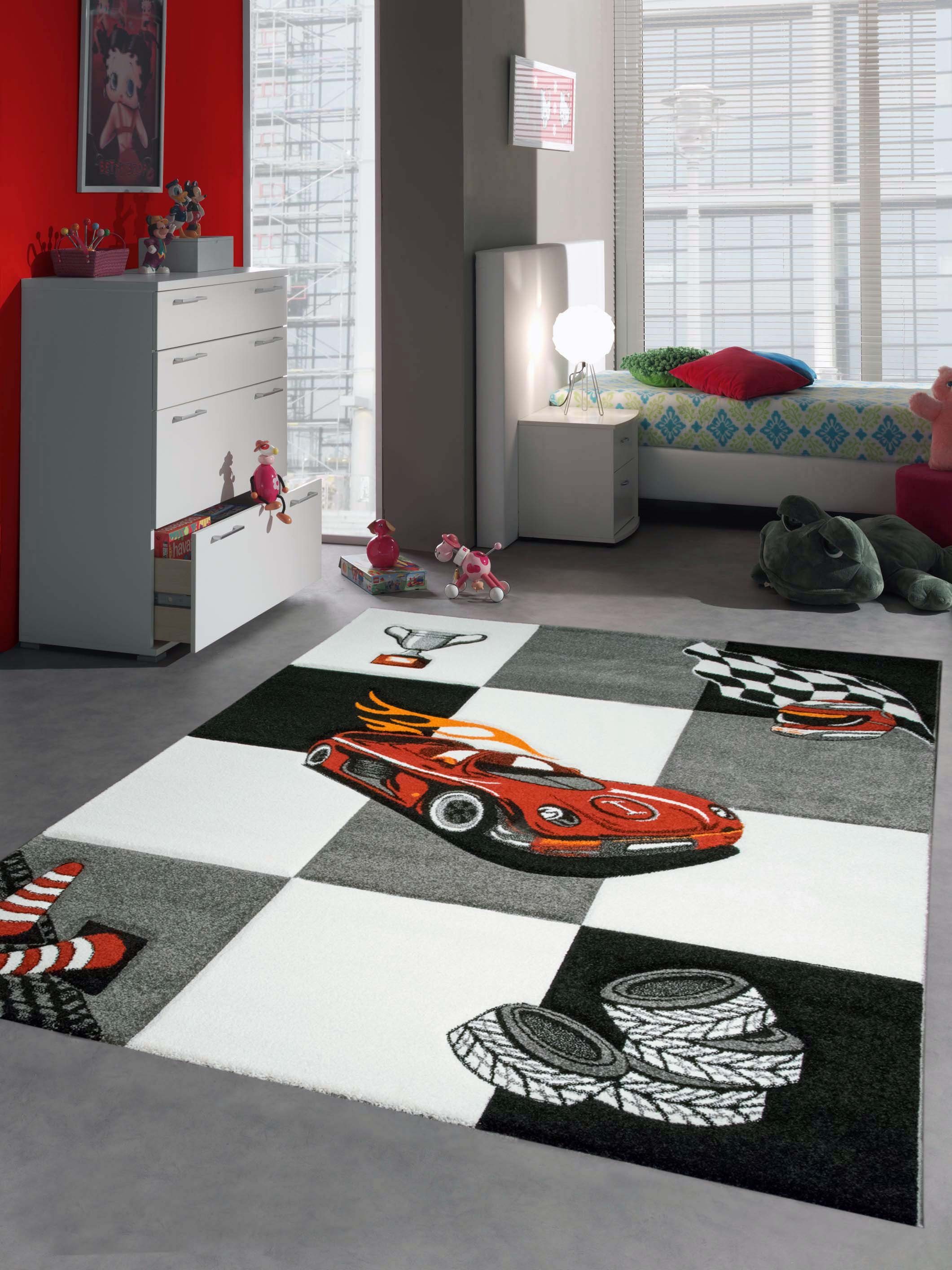 Kinderteppich Kinderteppich Spielteppich Kinderzimmer Teppich Auto Design  Rennauto mit Konturenschnitt Creme Grau Rot Orange Schwarz, Teppich-Traum,  rechteckig, Höhe: 13 mm