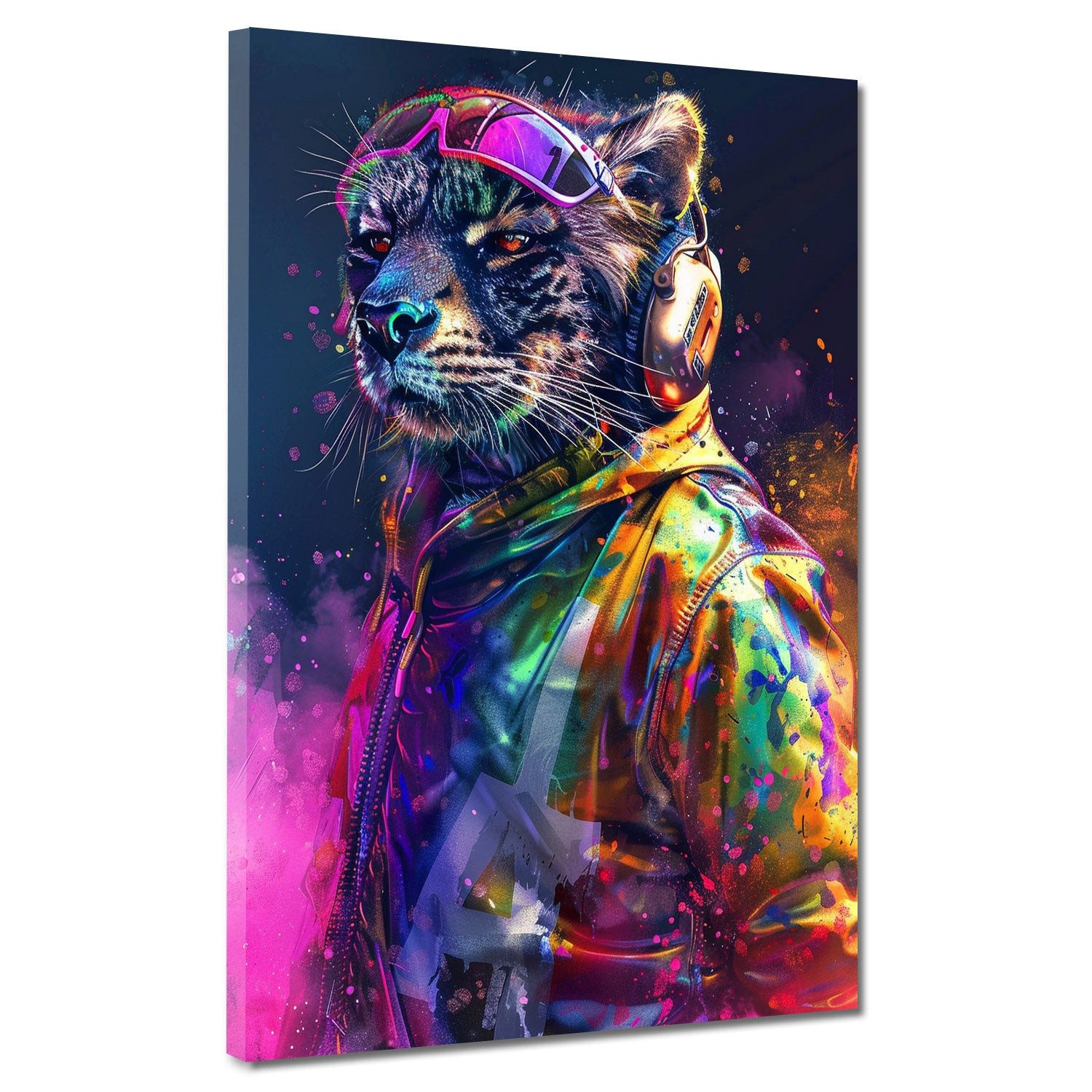 Artedinoi Leinwandbild Cooler Leopard mit Kopfhörern neon Pop Art Leinwandbild Wandbild XXL, Leopard mit Kopfhörern