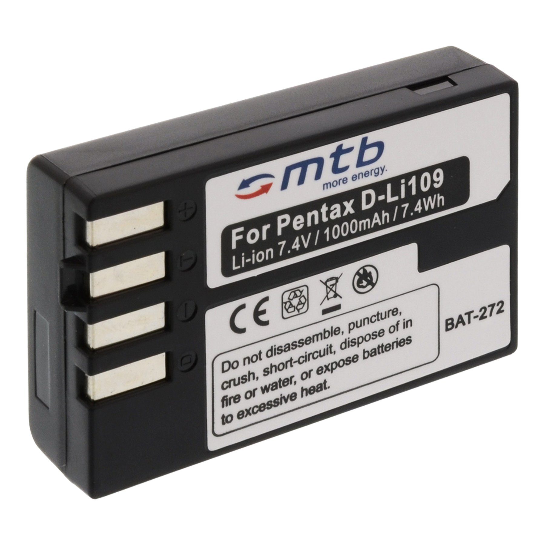mtb more energy [BAT-272 - Li-Ion] Kamera-Akku kompatibel mit Akku-Typ Pentax D-Li109 1000 mAh (7,4 V), passend für: Pentax K-30, K-50, K-70, K-500…
