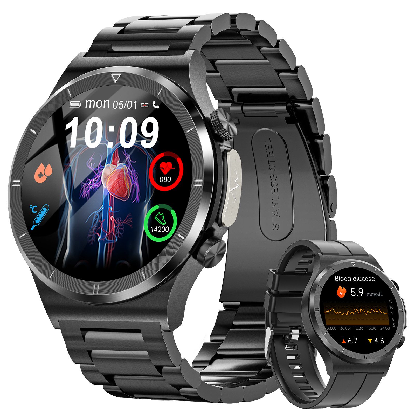 Sanorum Smartwatch Herren mit Elektrokardiogramm Blutzuckerfunktion Smartwatch (3.53 cm/1,39 Zoll, HD Voll Touchscreen) 120+ Sportmodi IP68 Wasserdicht Fitness Tracker, Armbanduhr, mit Schlaf/Herzfrequenz/Spo2/Message Reminder, mit Telefonfunktion für iOS Android