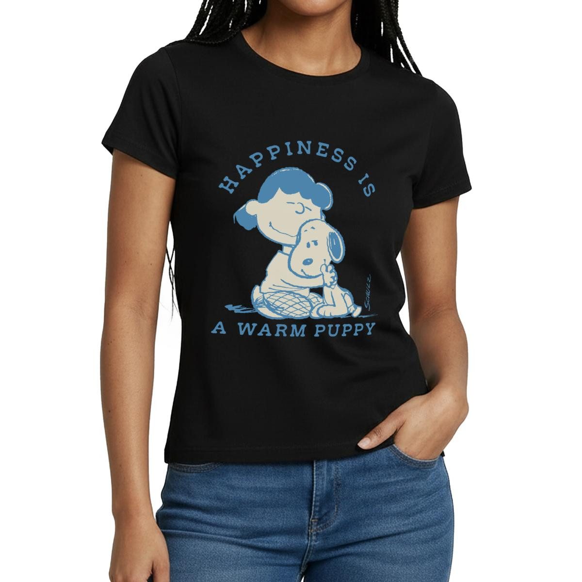 Spreadshirt T-Shirt Peanuts Happiness Is A Warm Puppy Snoopy Und Lucy Frauen T-Shirt (1-tlg)