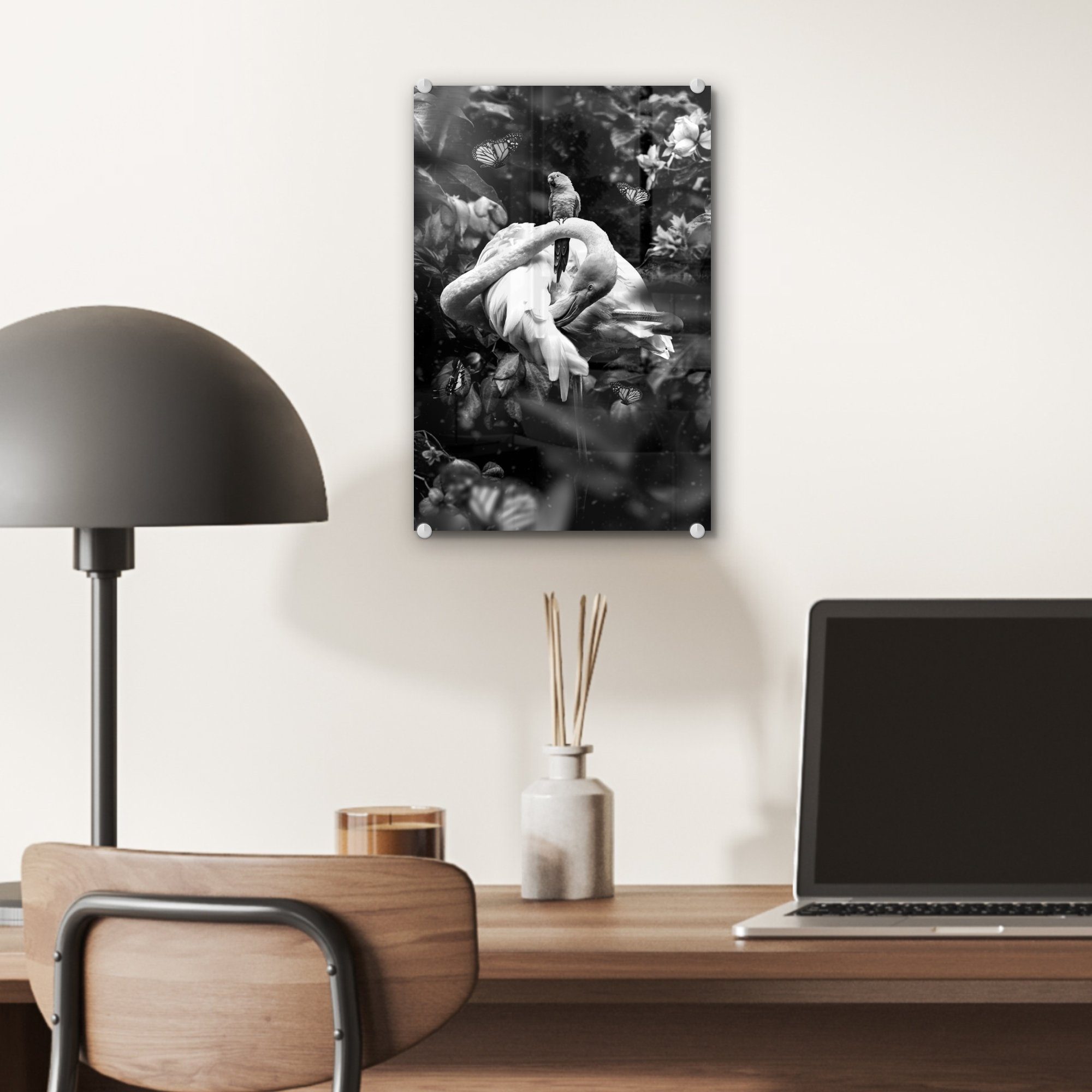 St), - auf schwarz Acrylglasbild auf bunt Glas - MuchoWow Flamingo weiß, Schmetterlinge und Glasbilder Foto im - Wandbild (1 und - Bilder Glas Wanddekoration Dschungel