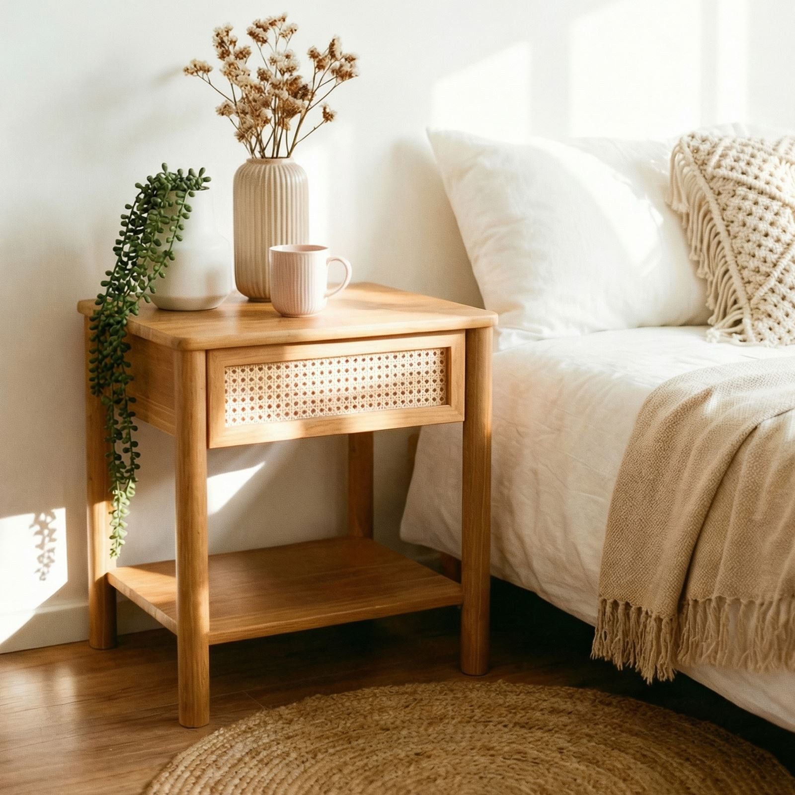IDIMEX Nachttisch CEFIRA, aus Massivholz, Schublade mit Rattan und Ablagefach Eiche Finish