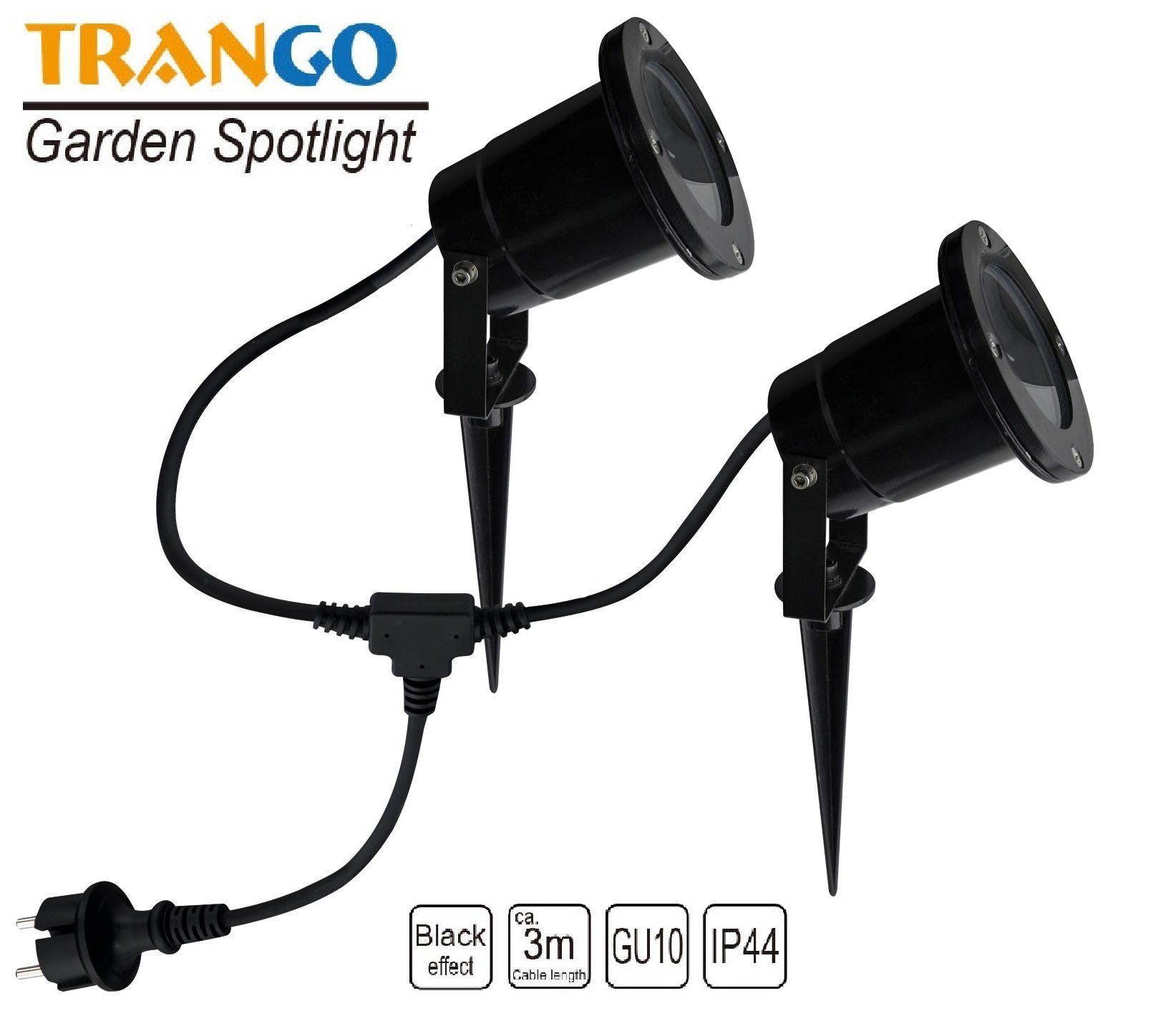 TRANGO LED Gartenstrahler, 2-flammig 3074B Strahler IP65 Außenleuchte *ELLA* inkl. 2x 3 Watt GU10 LED Leuchtmittel – 3000K warmweiß & 2 Meter Zuleitungskabel +1 Meter als Teichstrahler, Gartenlampe, Außenlampe, Wegbeleuchtung