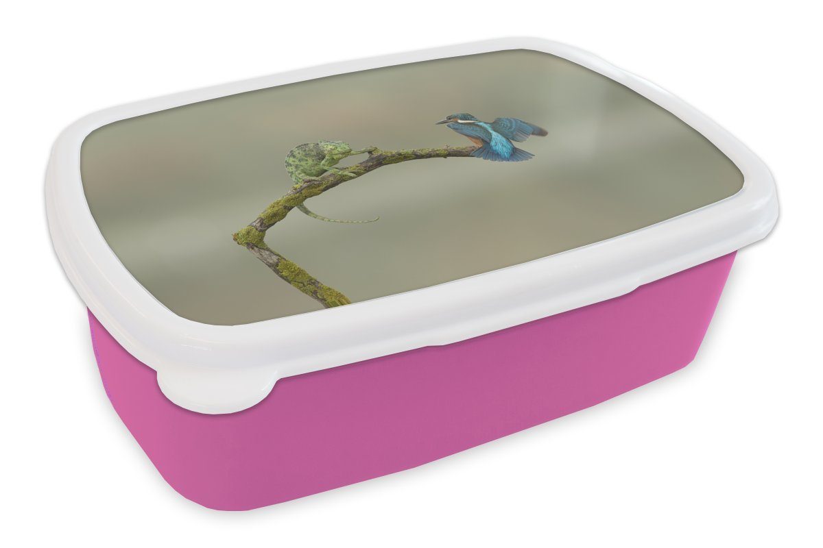 MuchoWow Lunchbox Eisvogel - Zweig - Flügel, Kunststoff, (2-tlg), Brotbox für Erwachsene, Brotdose Kinder, Snackbox, Mädchen, Kunststoff rosa