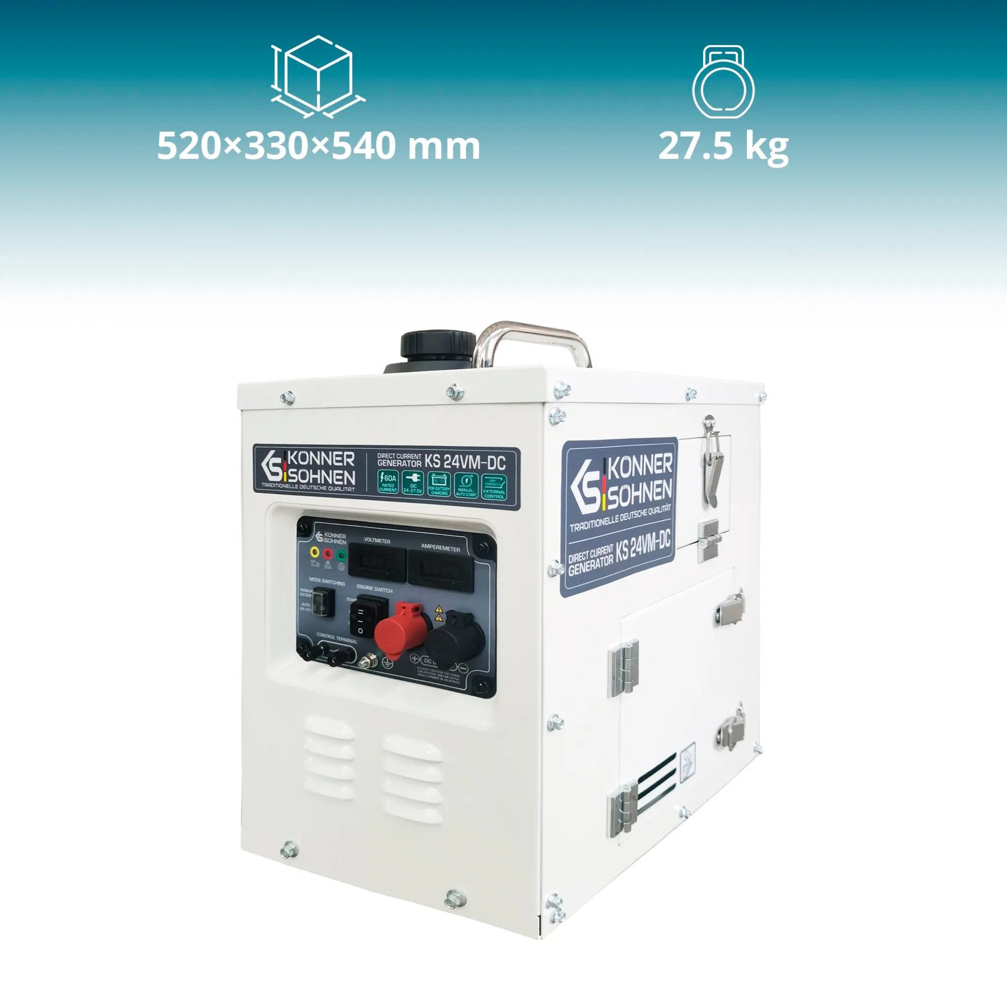 Könner & Söhnen KS 24VM-DC generator (24V DC generator for solar systems and battery charging, 1-piece, 60A charging current, auto-start function, 8L tank, 24-27.5V), 24V direct current, auto mode, soundproofed, 69dB, Euro V