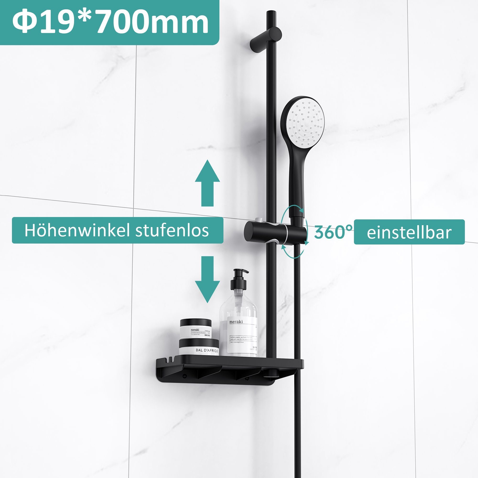 1,5m mit Brausestangenset EMKE für Duschset Badezimmer Handbrause Seifenhalter, Brauseschlauch, und cm, 70 Höhe Schwarz 3 Brausegarnitur Strahlart(en),