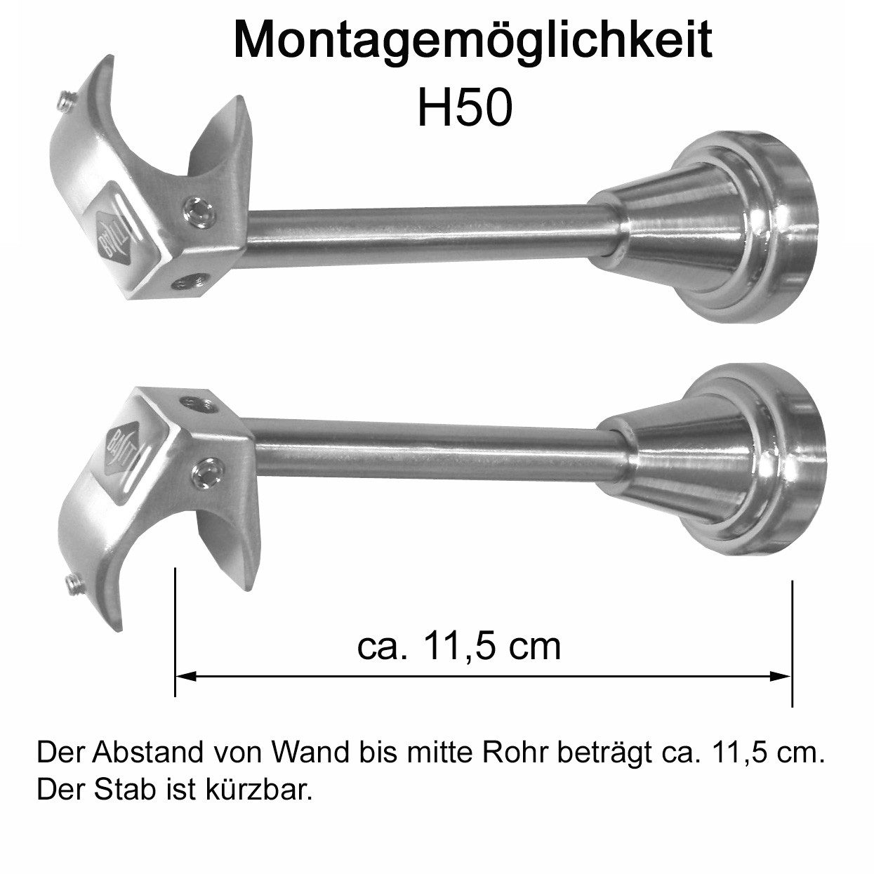 BASIT Gardinenstange Edelstahloptik 20mm mit Wandträgern 120 cm E39, Ø 20 mm, 1-läufig, verschraubt, Metall, H50R 120 cm E39 Zylinder mit Kristall – Bild 3 von 5