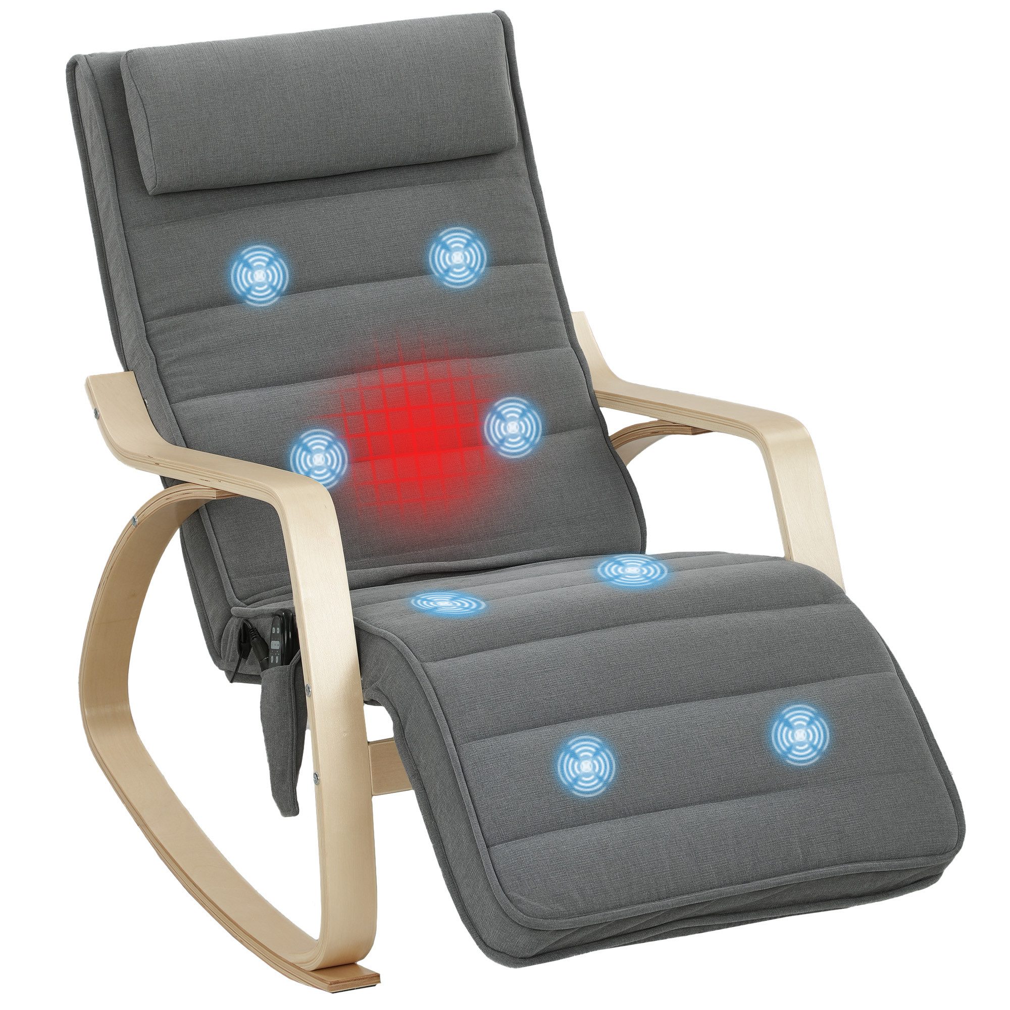 HOMCOM Schaukelstuhl Schaukelsessel mit Massagefunktion, Heizung, Kopfstütze, Fußstütze (Lesesessel, 1 St), Schwingsessel für Wohnzimmer, Schlafzimmer, Grau