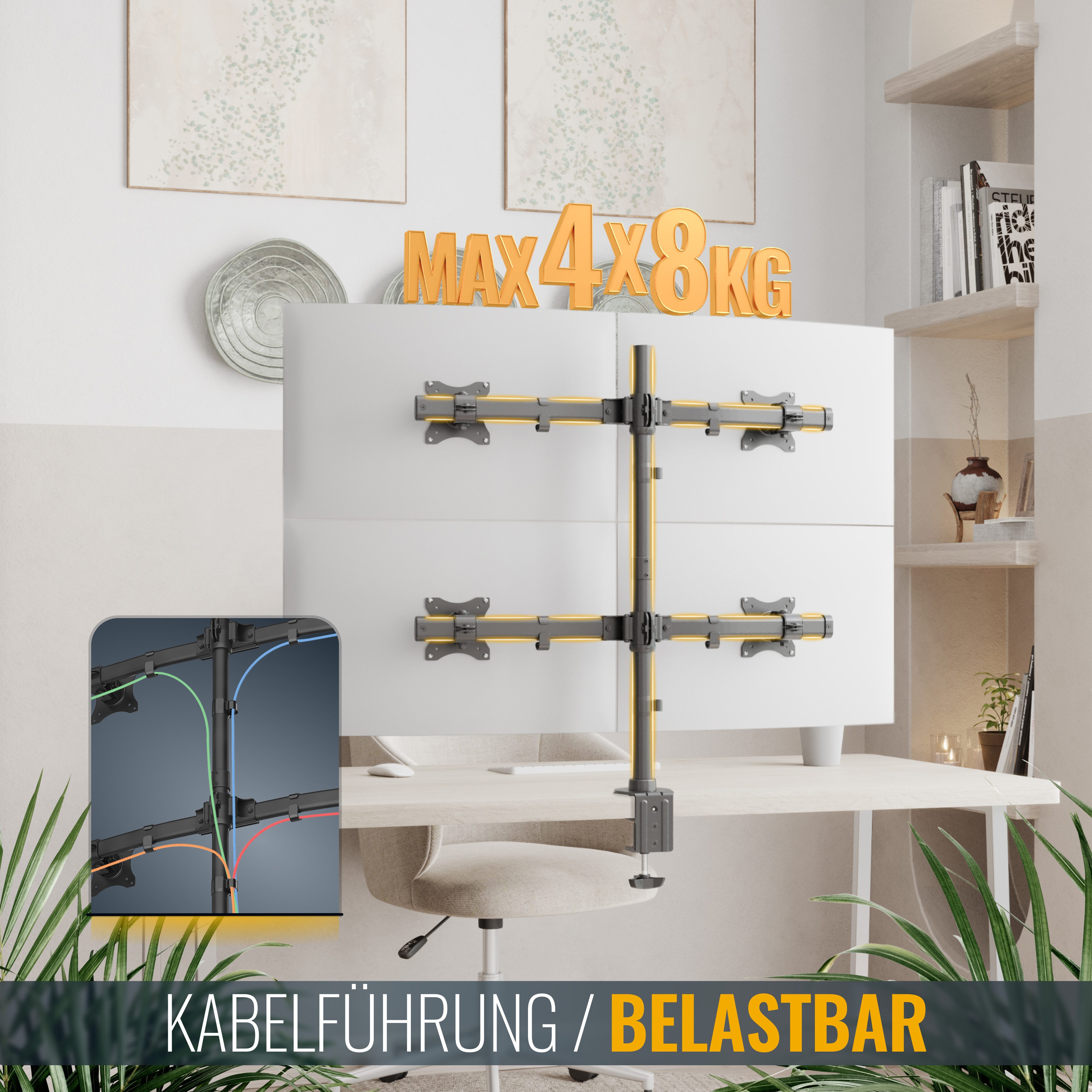 RICOO Monitor-Halterung Multi Monitor Bildschirm 4 Monitore Tischhalterung TS8411, (bis 26 Zoll, VESA 75x75 und 100x100, 1-tlg., 8 kg Belastbarkeit, von 33-66 cm (13"-26) Bildschirm-Diagonale, neigbar +45°/-45°, schwenkbar +/-15°, an der Stange höhenverstellbar)