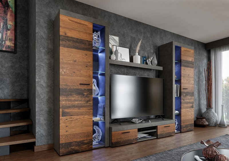 Furnix Wohnwand MARCUSS XL moderne und zeitlose Mediawand B300 x H190 x T40,2 cm, (Komplett-Set, 2x Hochschrank teilverglast, 1 TV-Schrank, 1 Wandregal), Kanten mit Melamin bezogen, elegante Verglasung