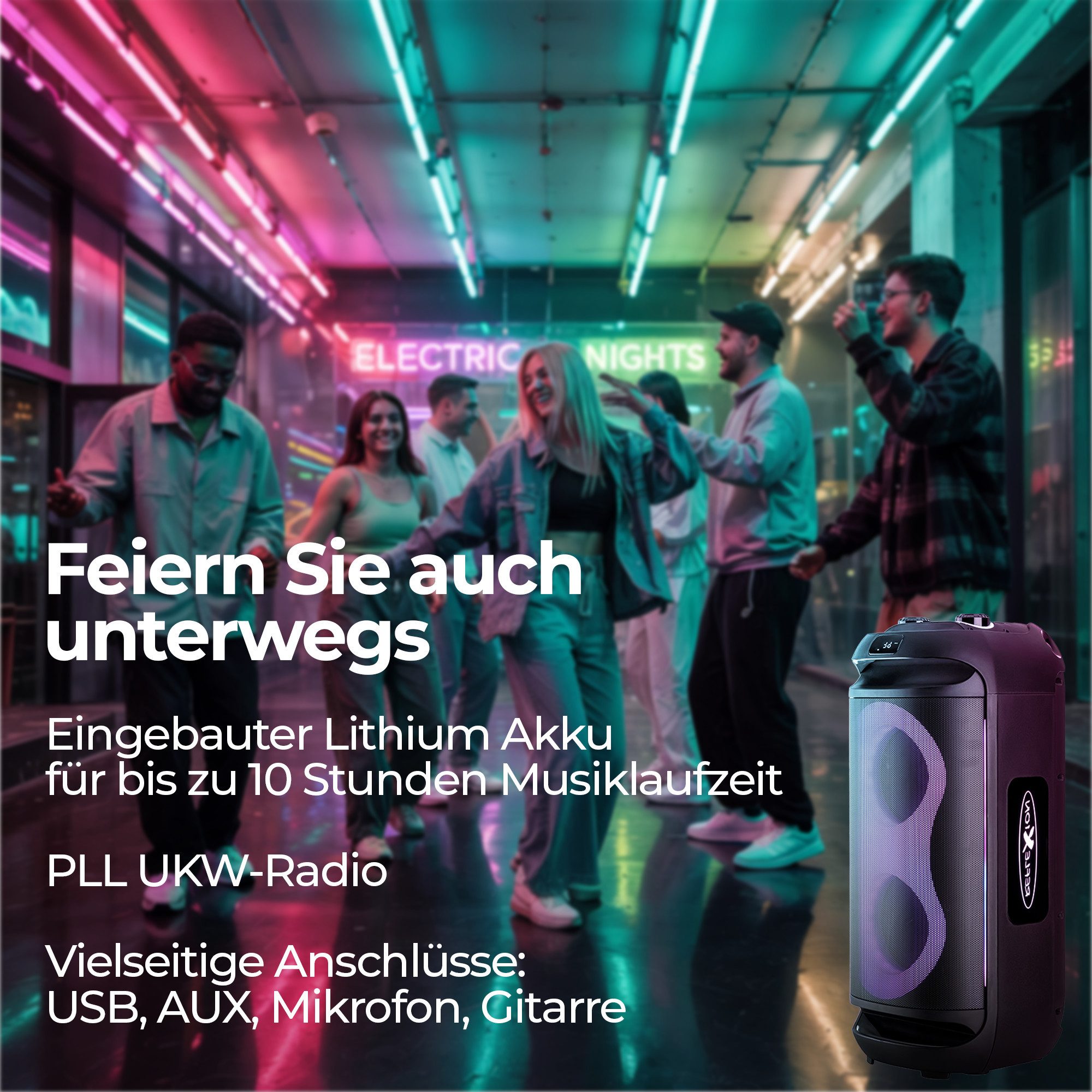 Reflexion PSX40BT Discobeleuchtung mit Modi-Auswahl Party-Lautsprecher (Bluetooth, 500 W, Bluetooth, Radio, Karaoke, Disco-Licht Effekte, Super BASS-Taste)