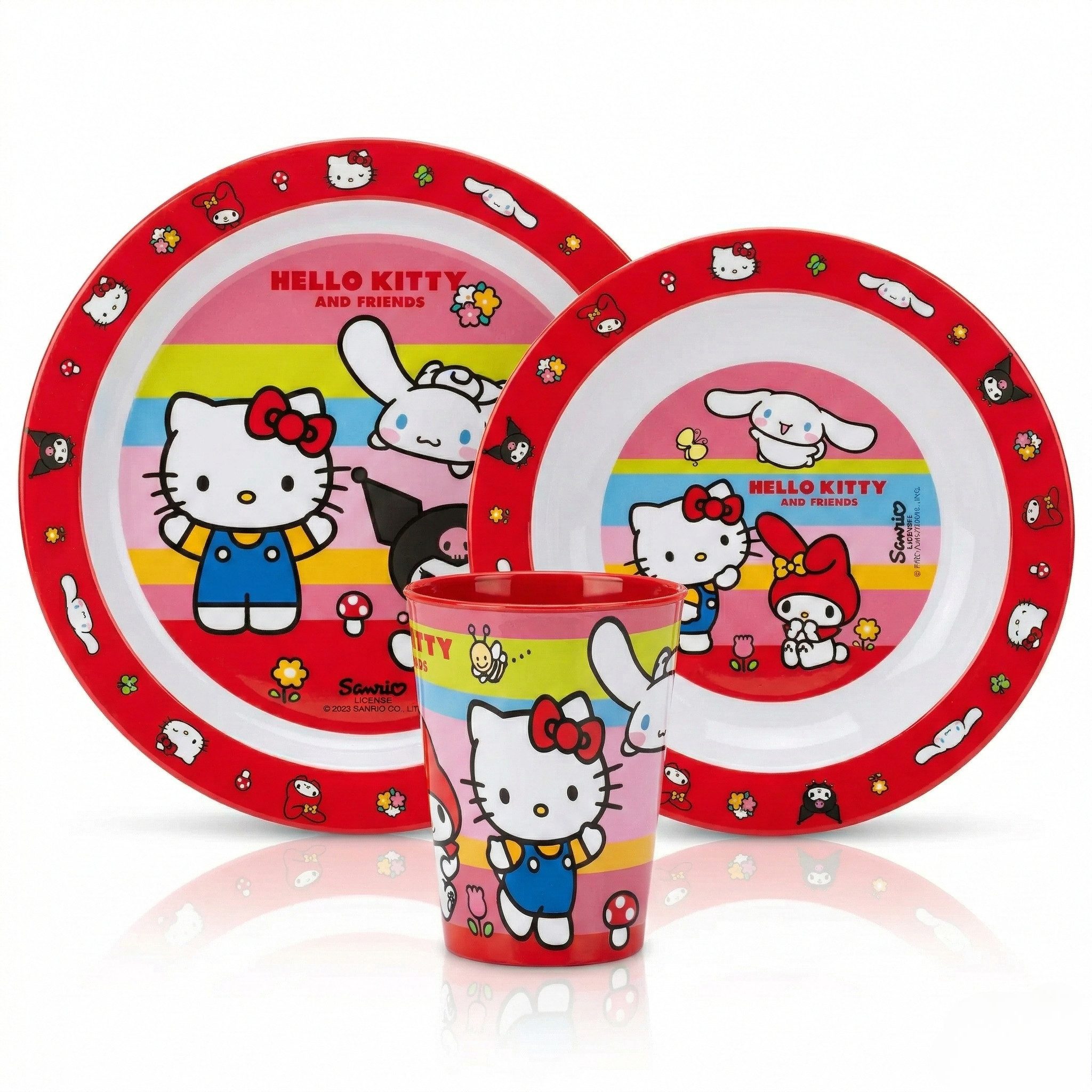 Hello Kitty Kindergeschirr-Set Hello Kitty Friends Kinder Geschirr-Set 3 teilig (3-tlg), 1 Personen, Becher (260 ml) Teller Schüssel