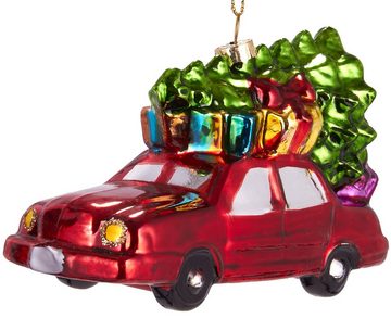 BRUBAKER Christbaumschmuck Kunstvolle Baumkugel Auto mit Weihnachtsbaum, mundgeblasene Weihnachtsdekoration aus Glas, handbemalt - Lustige Weihnachtskugel ca. 12 cm