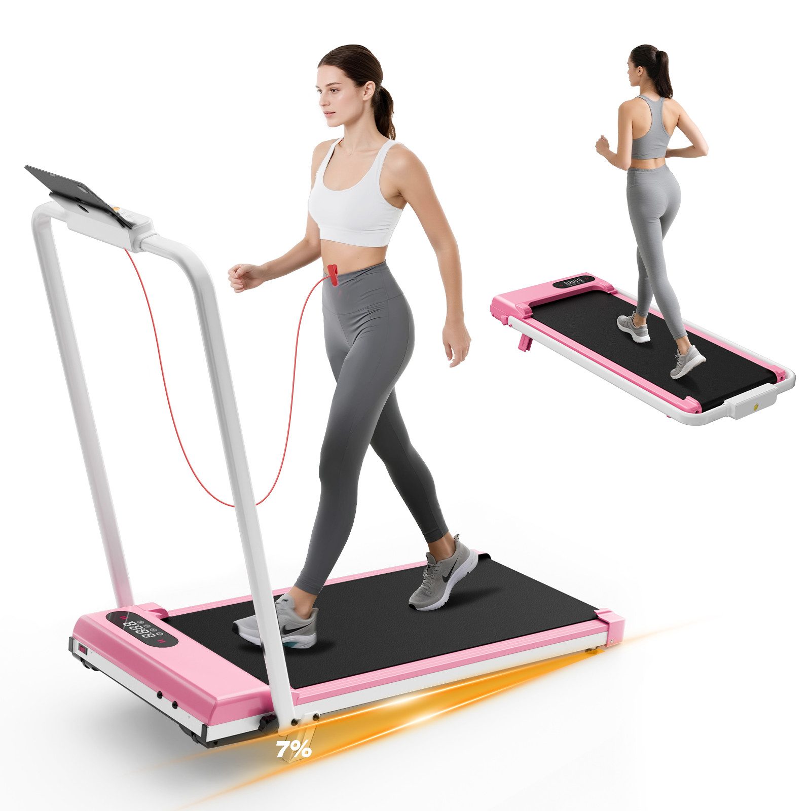 Dskeuzeew Laufband - Klappbares Laufbänder mit 7 % Steigung – 3-in-1-Laufband (mit Armlehnen und LED-Display - Lauffläche 38,5 x 90 cm), Walking Pad 1–8 km/h einstellbar - Motor 2,5 PS - Bis 130 kg