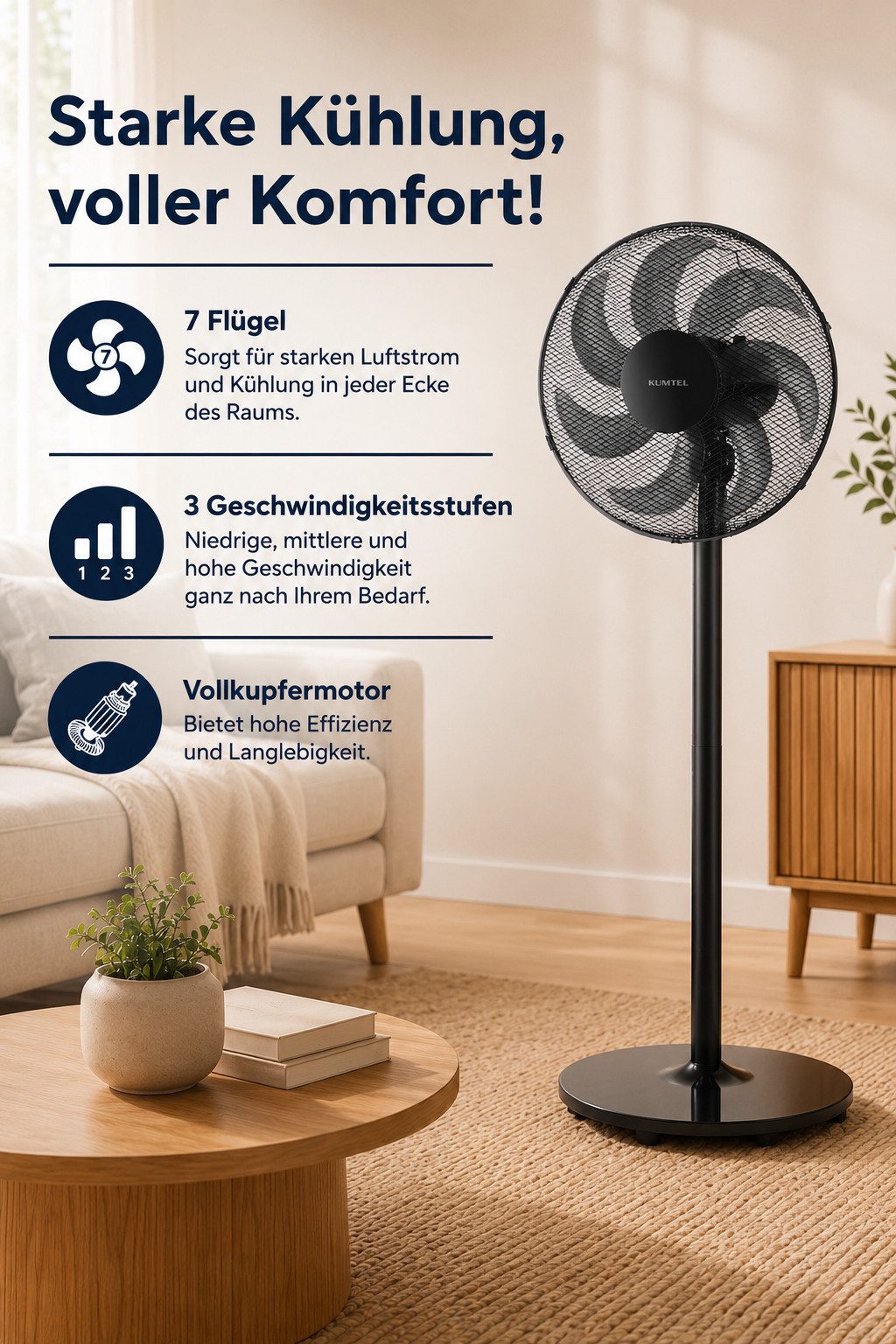 KUMTEL Standventilator KTF-760, 50 W, aus ABS-Kunststoff, 7-Blatt-Rotor,Kupfermotor