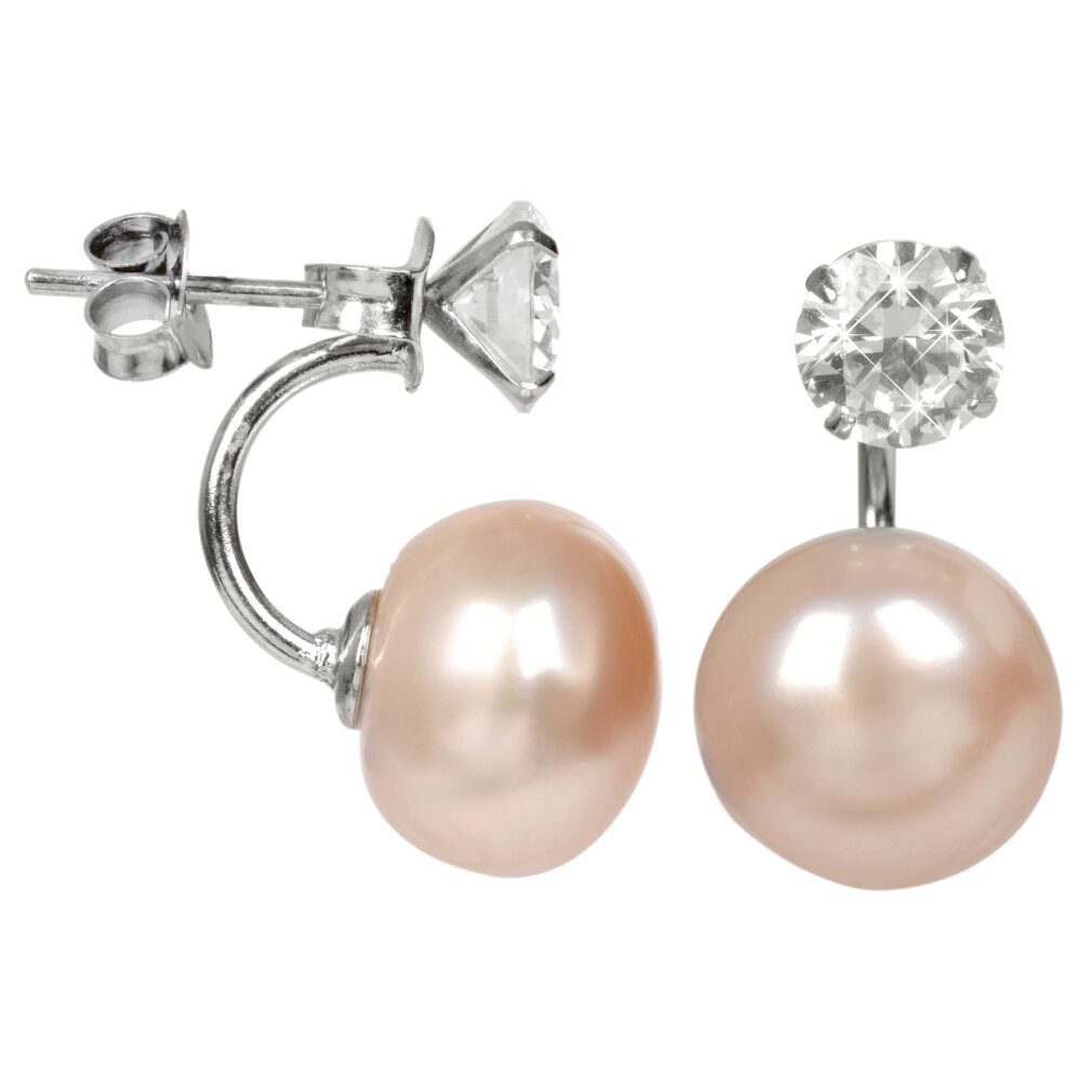 JwL Luxury Pearls Ohrring-Set Silver earrings with real salmon pearl and crystal 2in1 JL0216