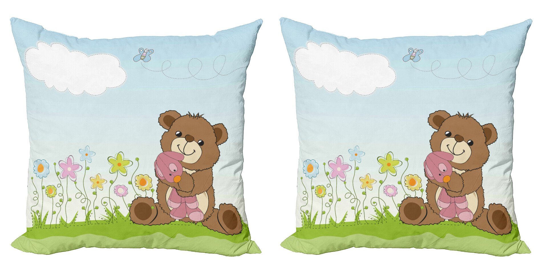 Stück), Blume Spielzeug Kissenbezüge und (2 Modern Abakuhaus Cartoon Teddybär Digitaldruck, Doppelseitiger Accent
