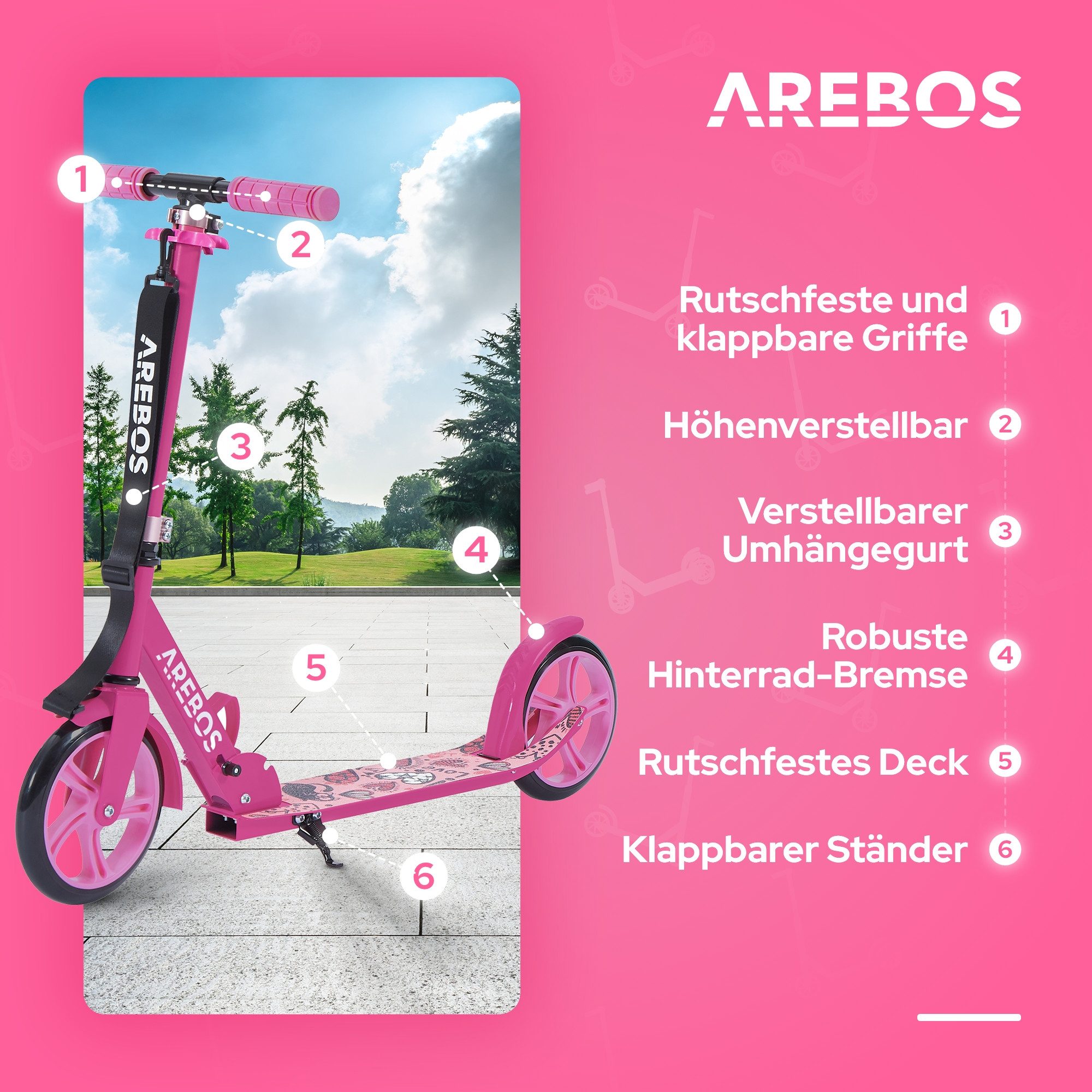 Arebos Tretroller klappbar höhenverstellbar 78–93 cm, ab 6 Jahre, 100 kg, 0 W, Fahrspaß überall: ideal für Schule, Freizeit oder kurze Wege