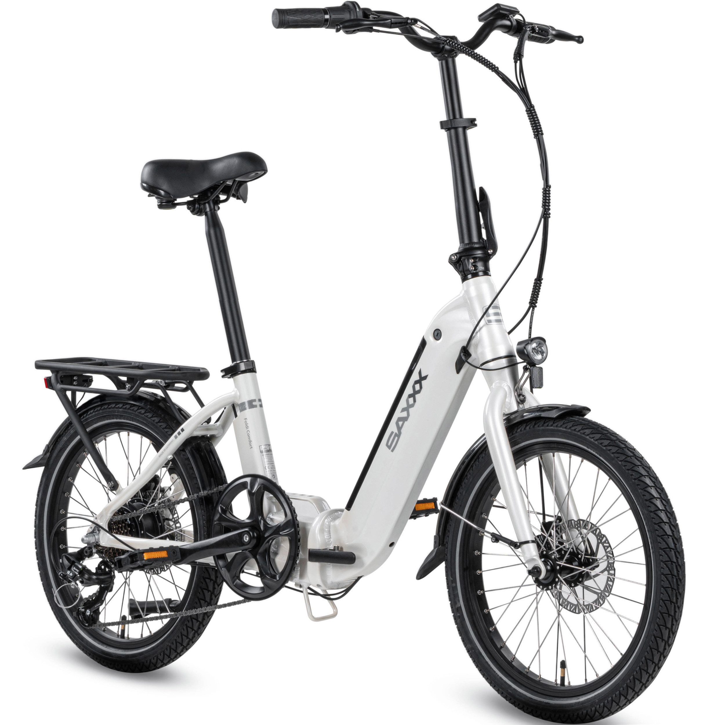 SAXXX E-Bike Klapprad 20 x 2,3 Zoll, 410Wh, max.100 km, 24 kg - für Damen & Herren, 7 Gang Nexus Schaltwerk, Kettenschaltung, Heckmotor, 410 Wh, (abnehmbarer Akku, mit Gepäckträger, 95 % vormontiert), E-Faltrad mit Tiefeinstieg, RH 33 cm, bis 130 kg – City-Pedelec