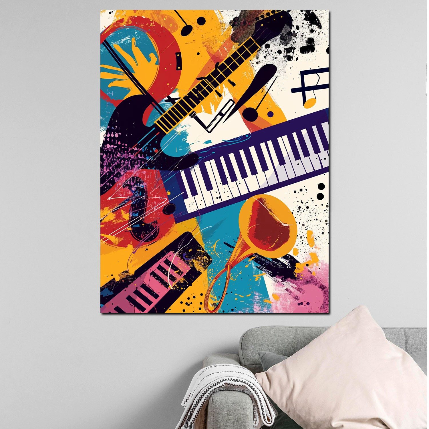 Artedinoi Leinwandbild Musikinstrumente Collage bunt Pop Art Leinwandbild Wandbild XXL, Musikinstrumente, farbenfroh