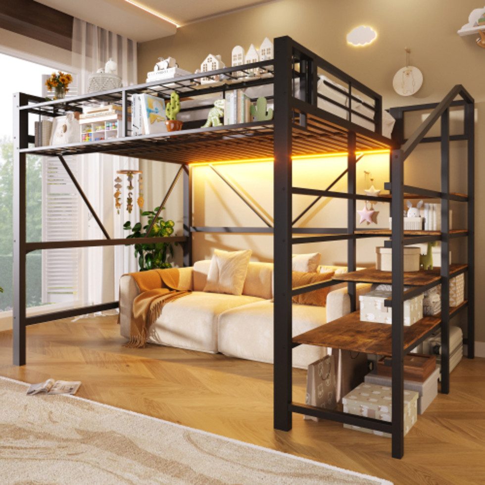 Ulife Hochbett Metallbett, Ablage mit Stufen, Gitterelemente, Aufbewahrungskorb (2-St) offener Stauraum unter dem Bett, mit LED-Lichtleiste