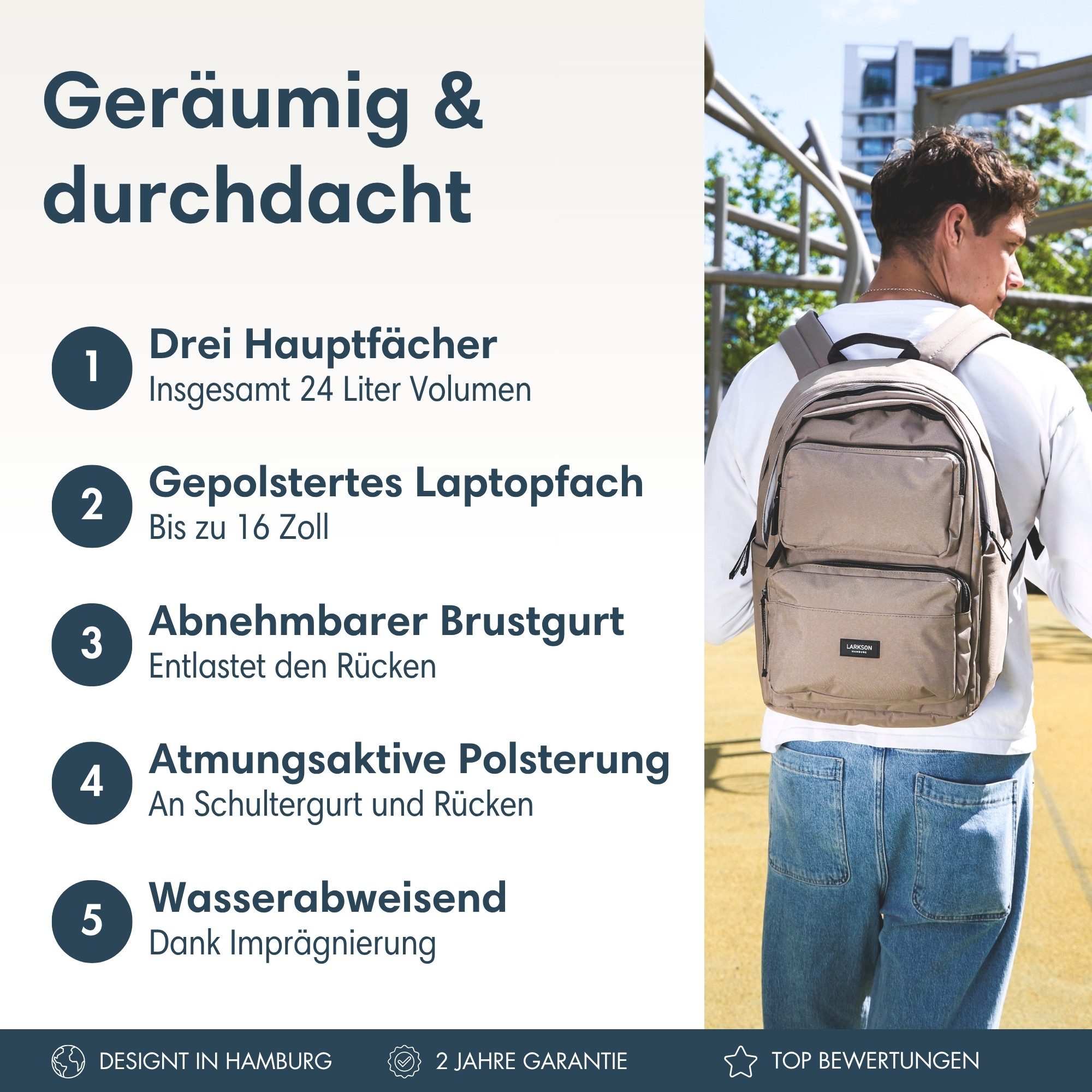 LARKSON Schulrucksack No 3 Advanced Rucksack für Schule, Mädchen Jungen (1-tlg), 3 Hauptfächer, Seitentasche, Laptopfach, Wasserabweisend