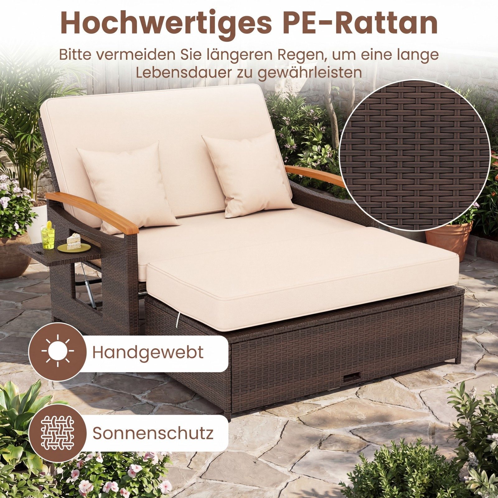 KOMFOTTEU Gartenliege 3 in1 Rattan Sofabett Doppelliege, mit ausziehbarer Seitenablage & Hocker