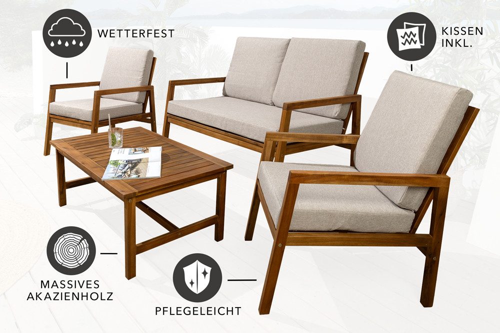 riess-ambiente Sitzgruppe BALI 110cm braun – Garten, wetterfest, 2x Sessel, 1x Sofa, 1x Tisch, (Set, 4-tlg), kompaktes Balkonset aus Massivholz – ideal für kleine Außenbereiche