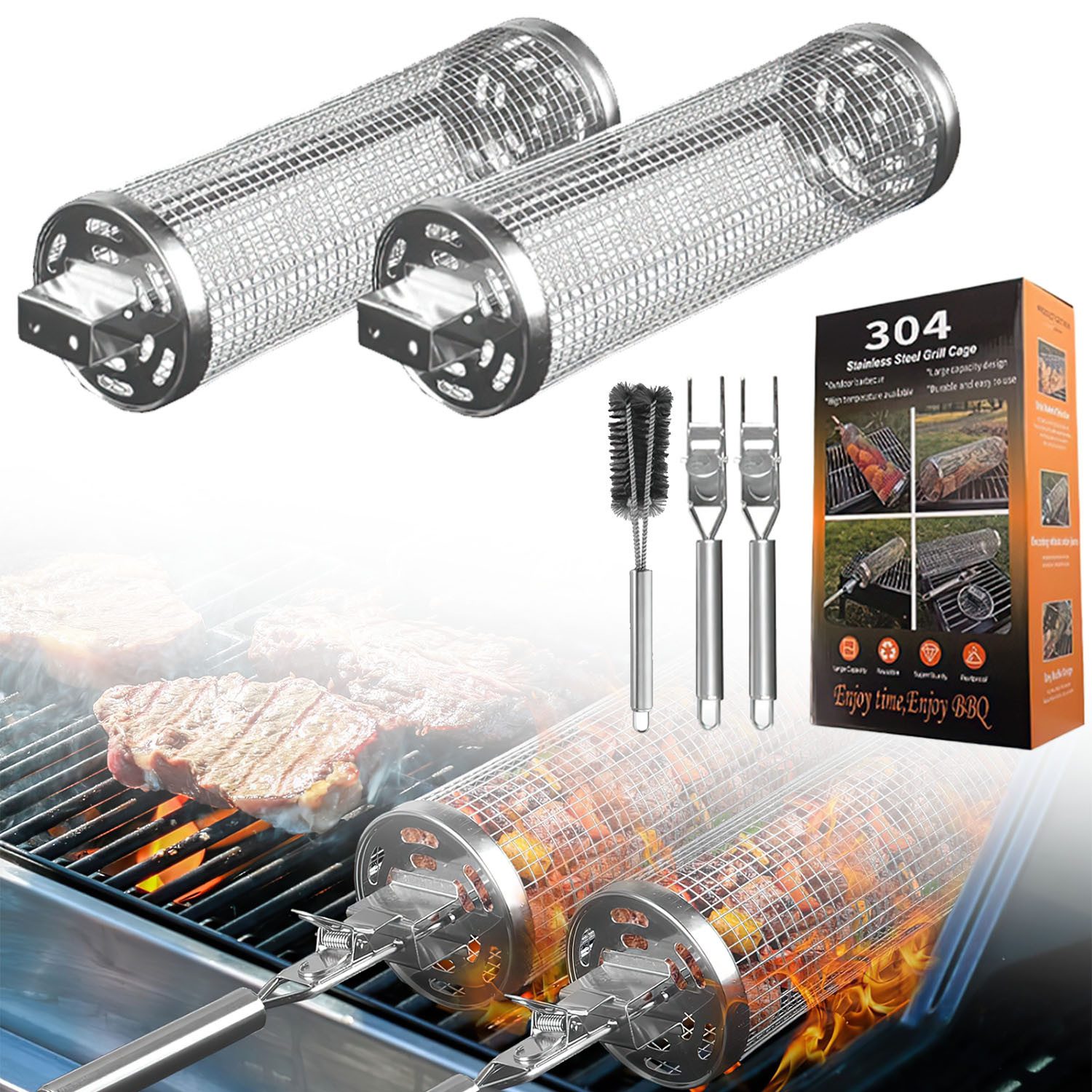 Refined Living Grillbesteck-Set 2St Rollendes Grillkorb-Set mit Abnehmbarem Griff und Reinigungsbürste, (Tragbarer Gitter Grillkäfig Edelstahl 304 Zylindrisch Grillzubehör, 2 tlg., Abschließbarem Deckel, Geschenkkorb für Holzkohlegrill Bbq Enthusias), Kochen BBQ Zubehör für Camping Outdoor Grillen Fleisch Fisch Gemüse