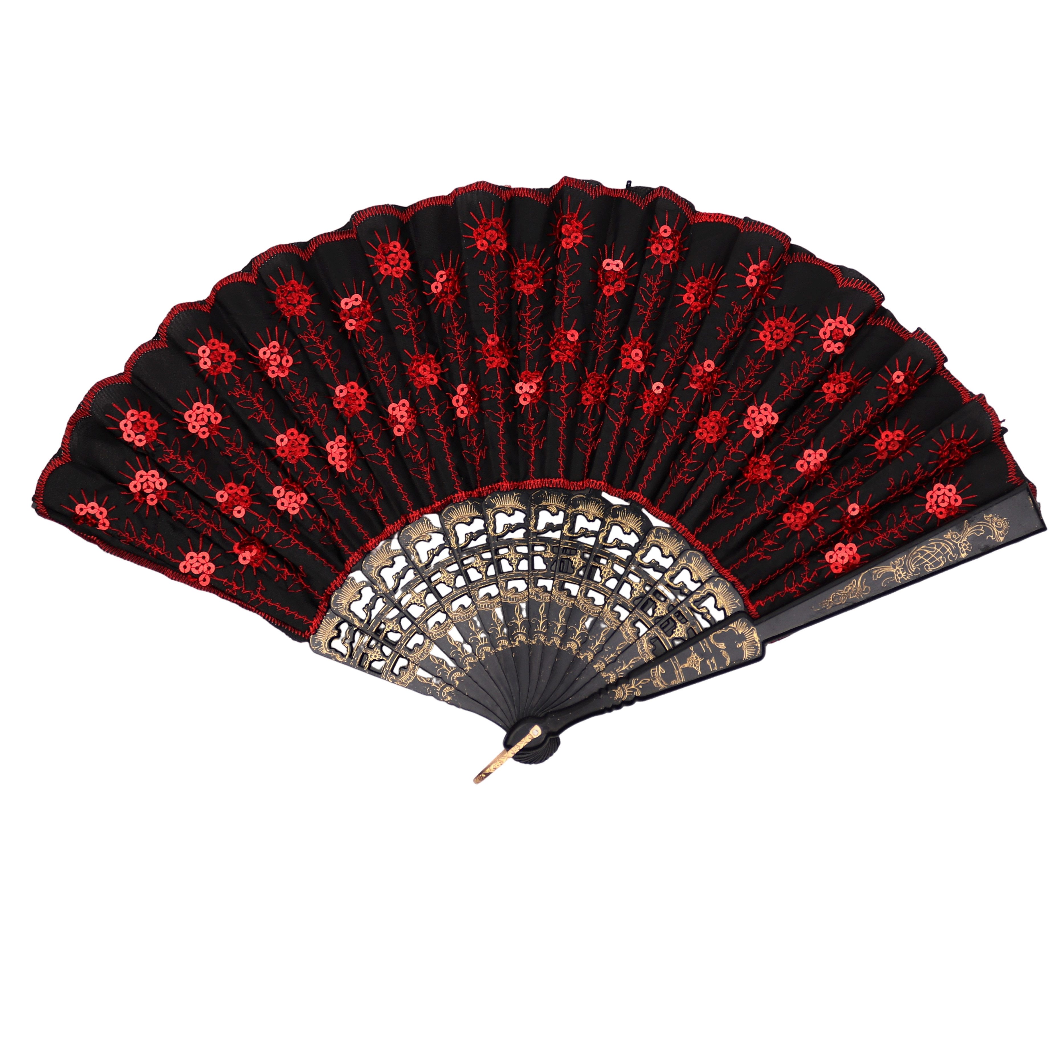 MIRROSI Handfächer Damen Fächer mit Pailletten, Klappfächer aus Stoff & Kunststoff, Faltfächer Party Hochzeit Flamenco Accessoire