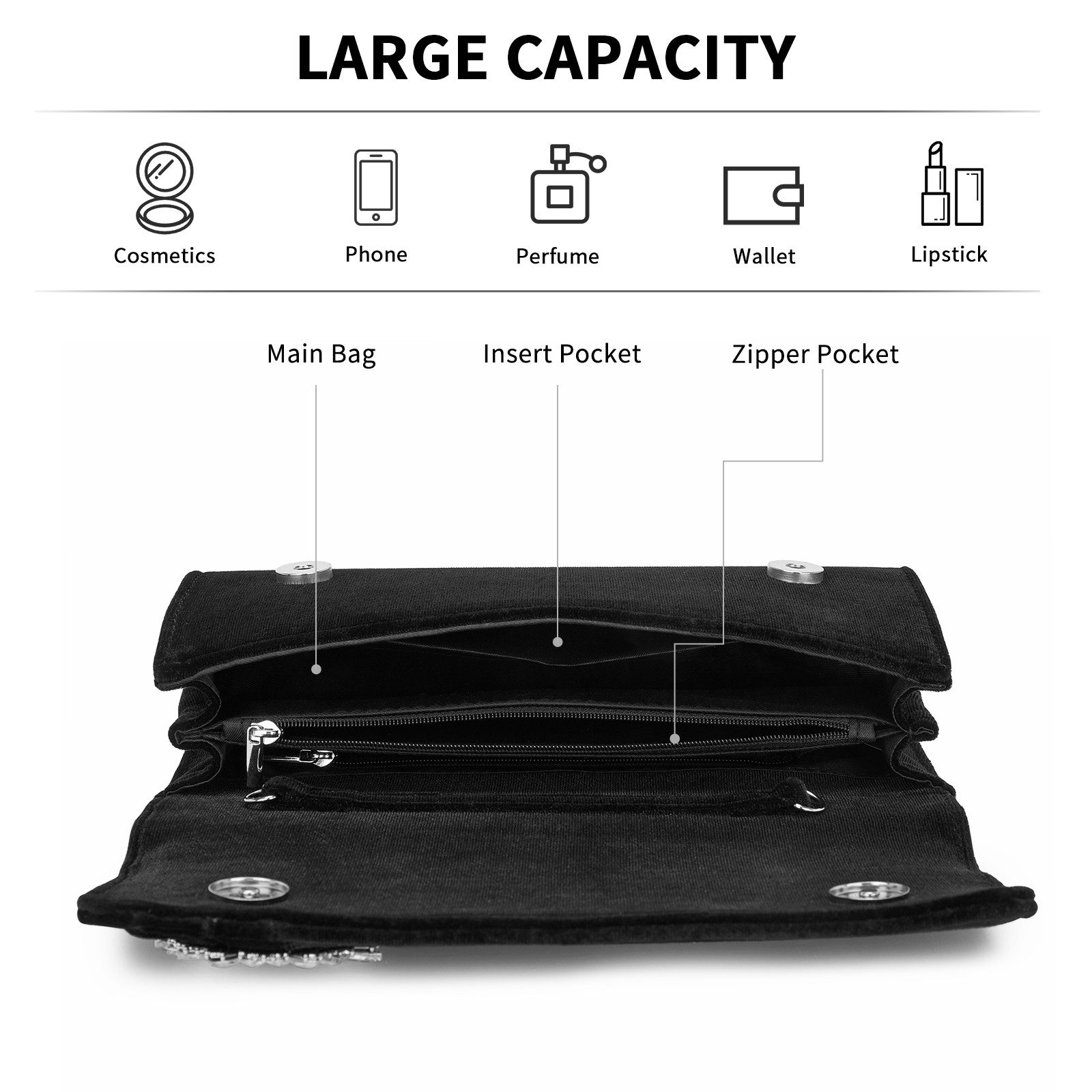 Miss Lulu Clutch Damen, Elegante Abendtasche mit Strass-Verzierung & Kette