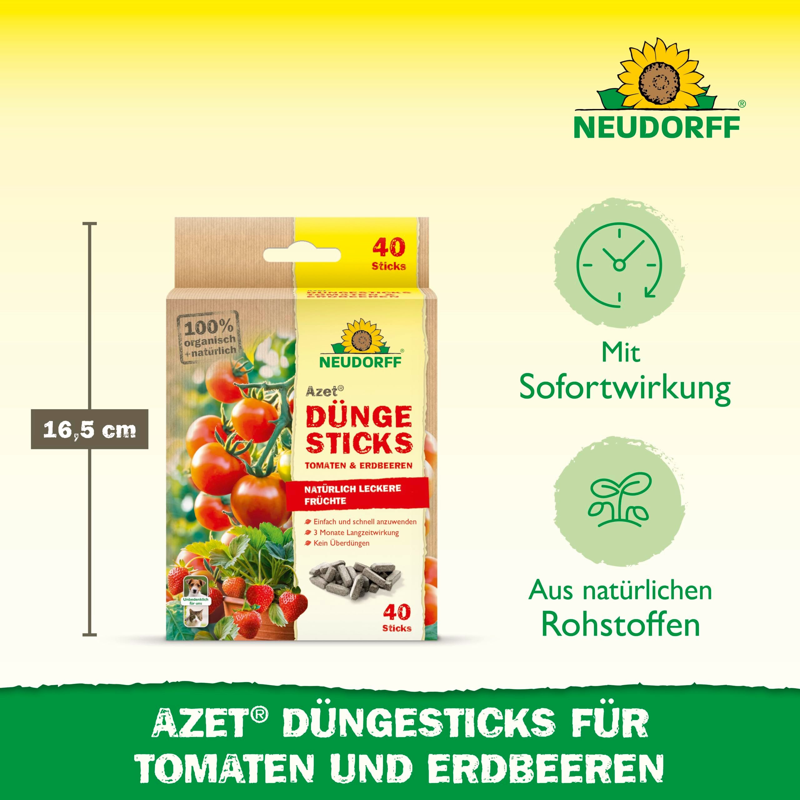 Neudorff Tomatendünger Bio - Azet DüngeSticks für Tomaten und Erdbeeren 40 Sticks, Bio Düngestäbchen für viele leckere Tomaten und Erdbeeren, Düngestäbchen Zimmerpflanzen aus natürlichen Rohstoffen