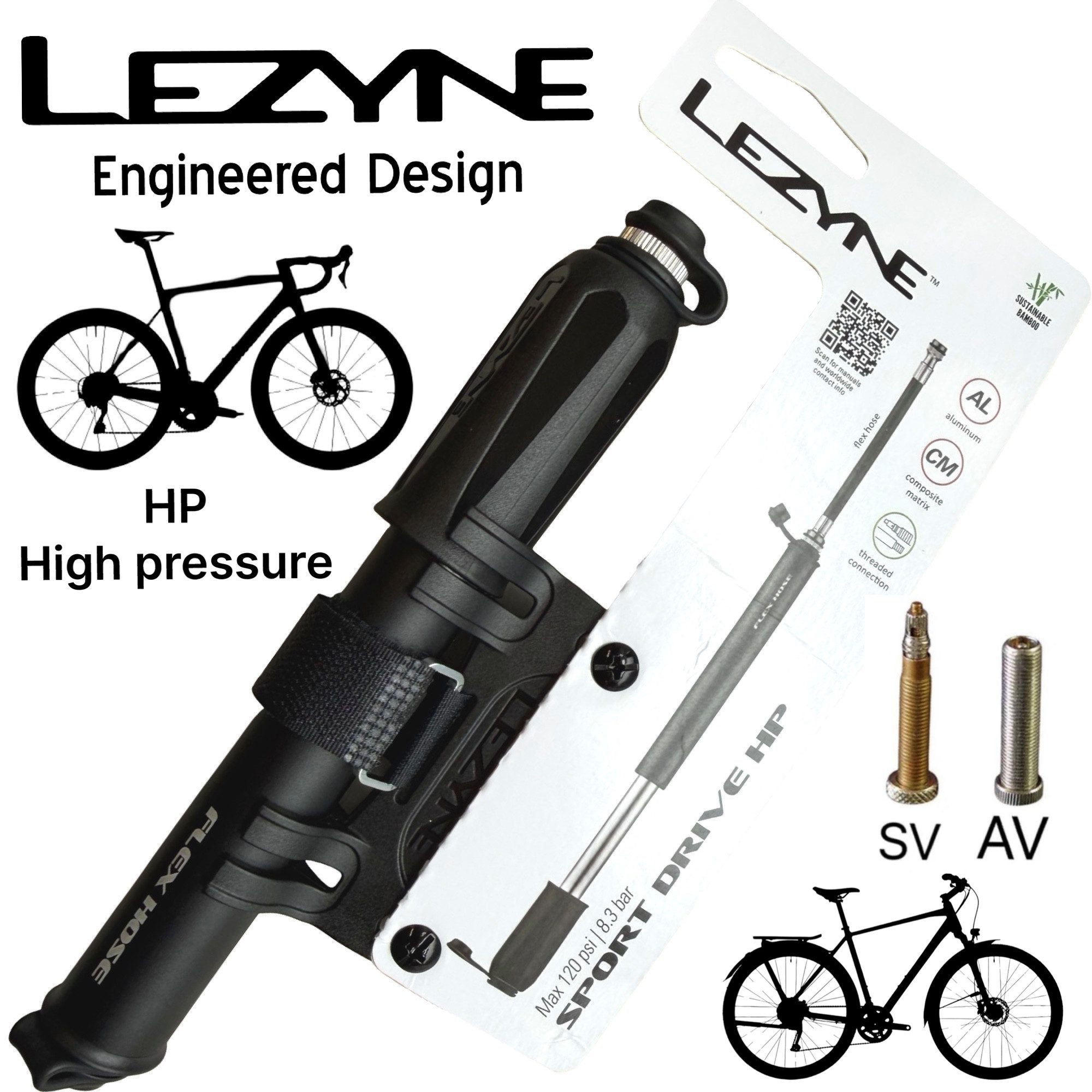 Lezyne Fahrradpumpe Lezyne HP Sport Drive S Fahrrad Pumpe Road 8 Bar SV & AV Auto Ventil