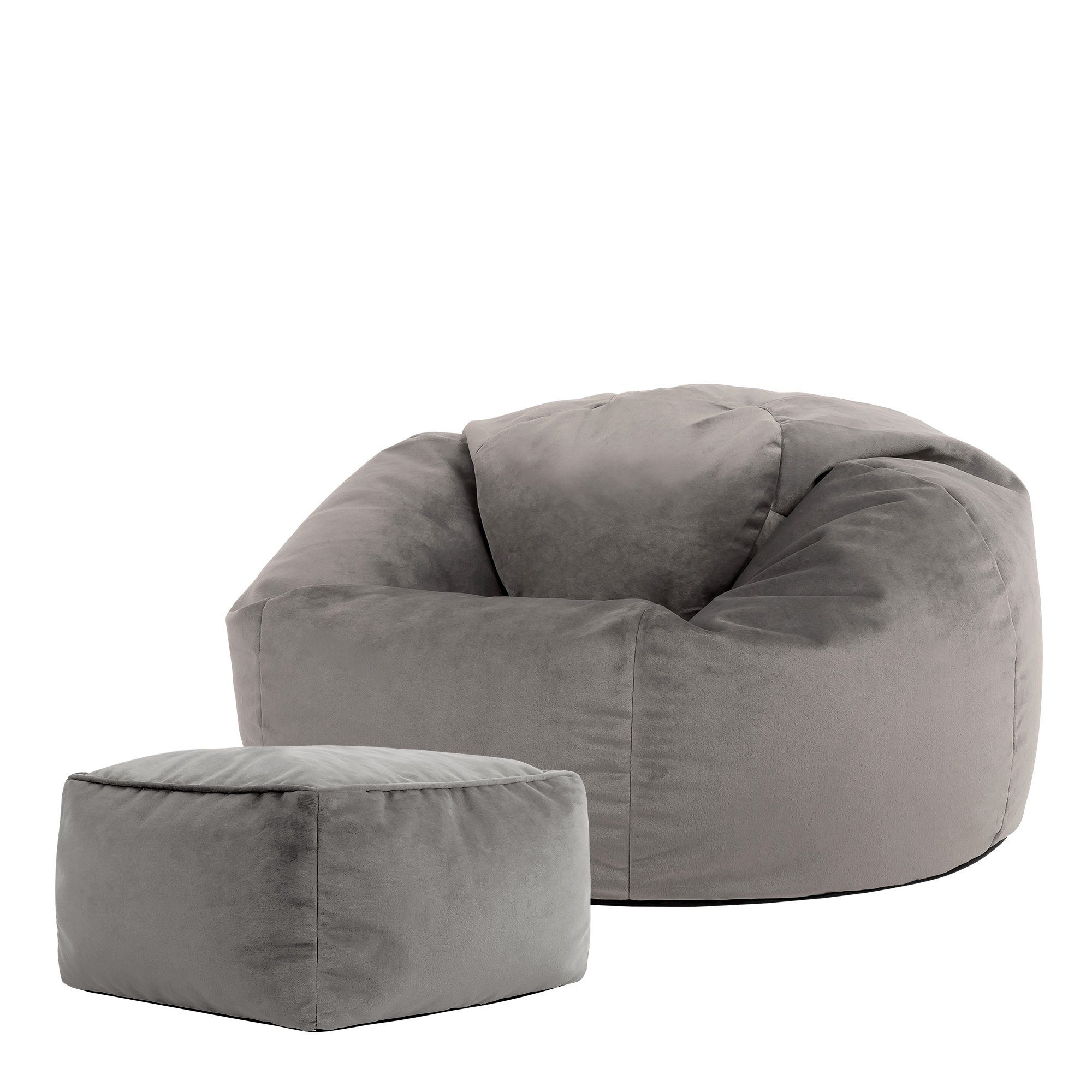 icon Sitzsack Klassischer Sitzsack grau aus mit Sitzpouf „Aurora“ Plüschsamt