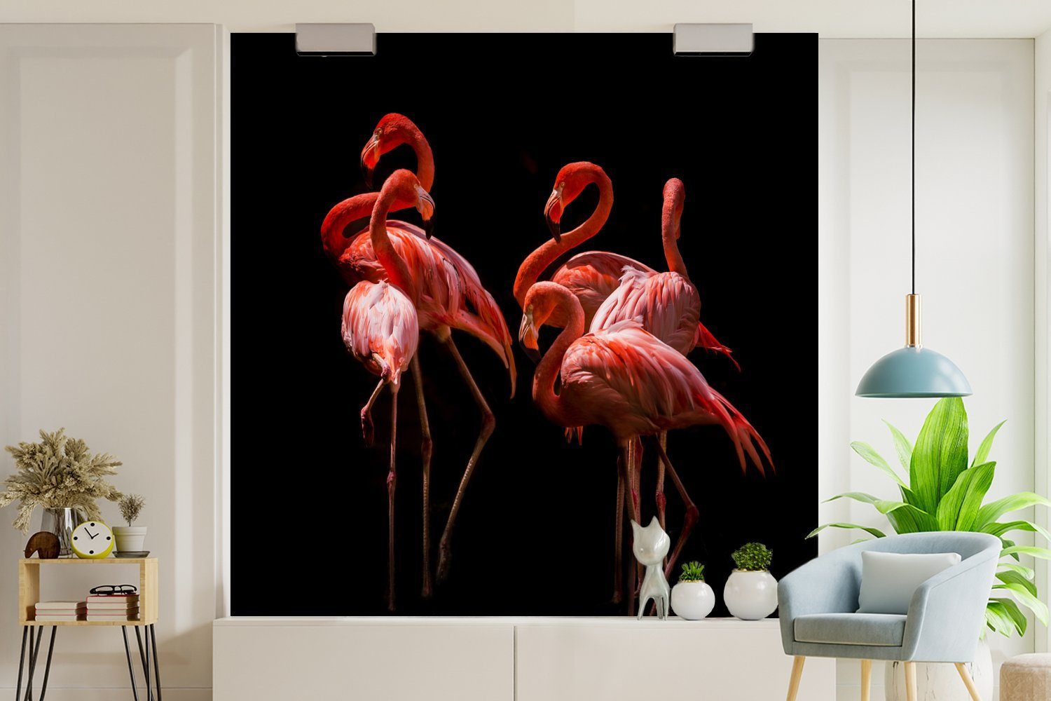 Fototapete Wandtapete (5 Flamingo für St), Tapete bedruckt, MuchoWow Matt, oder Schlafzimmer, Schwarz, Wohnzimmer - Rosa Vinyl -