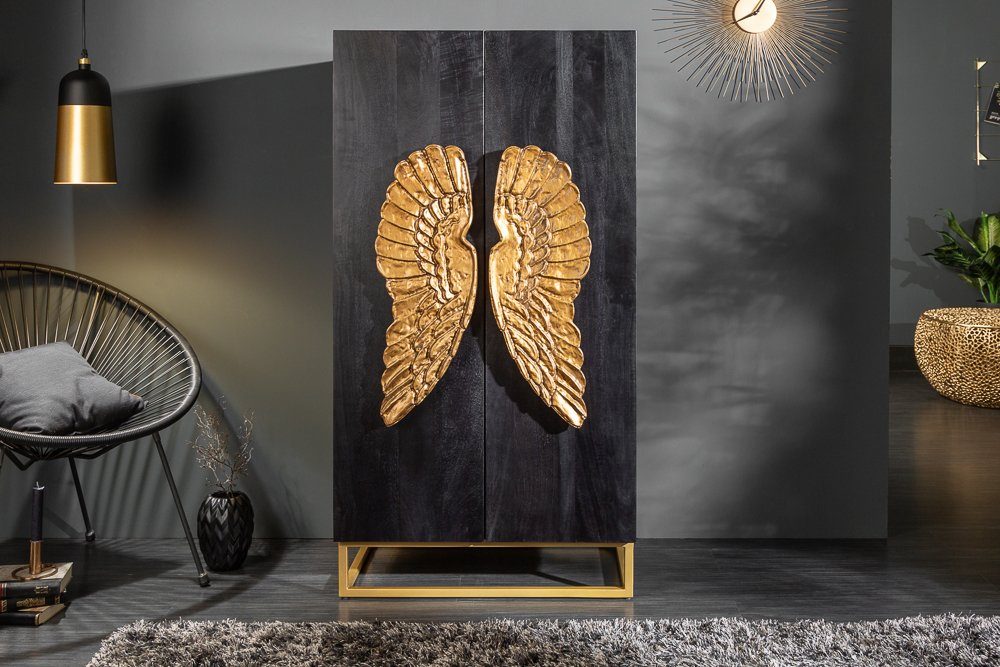 riess-ambiente Highboard ANGEL 140cm schwarz / gold, Massivholz · Anrichte · Kommode · mit goldenen Flügeln · Mangoholz