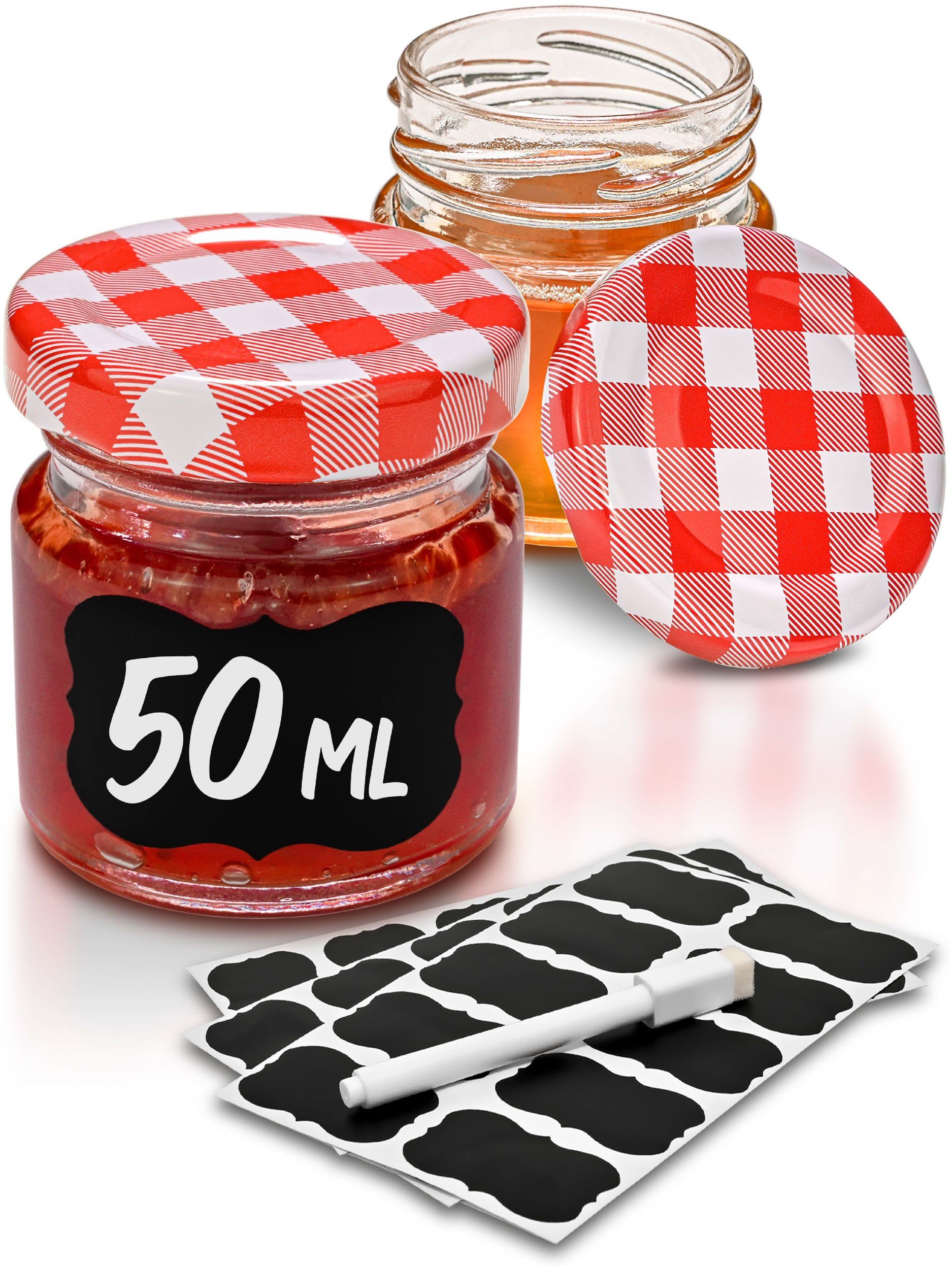 Praknu Einmachglas Praknu 25 Marmeladengläser 50 ml Rot, Glas, (Set, 25-tlg.,  25 Einkochgläser, 25 Etiketten, Stift zum Beschriften), mit Deckel,  Etiketten - Luftdichte Einmachgläser zum Einkochen & Konservieren