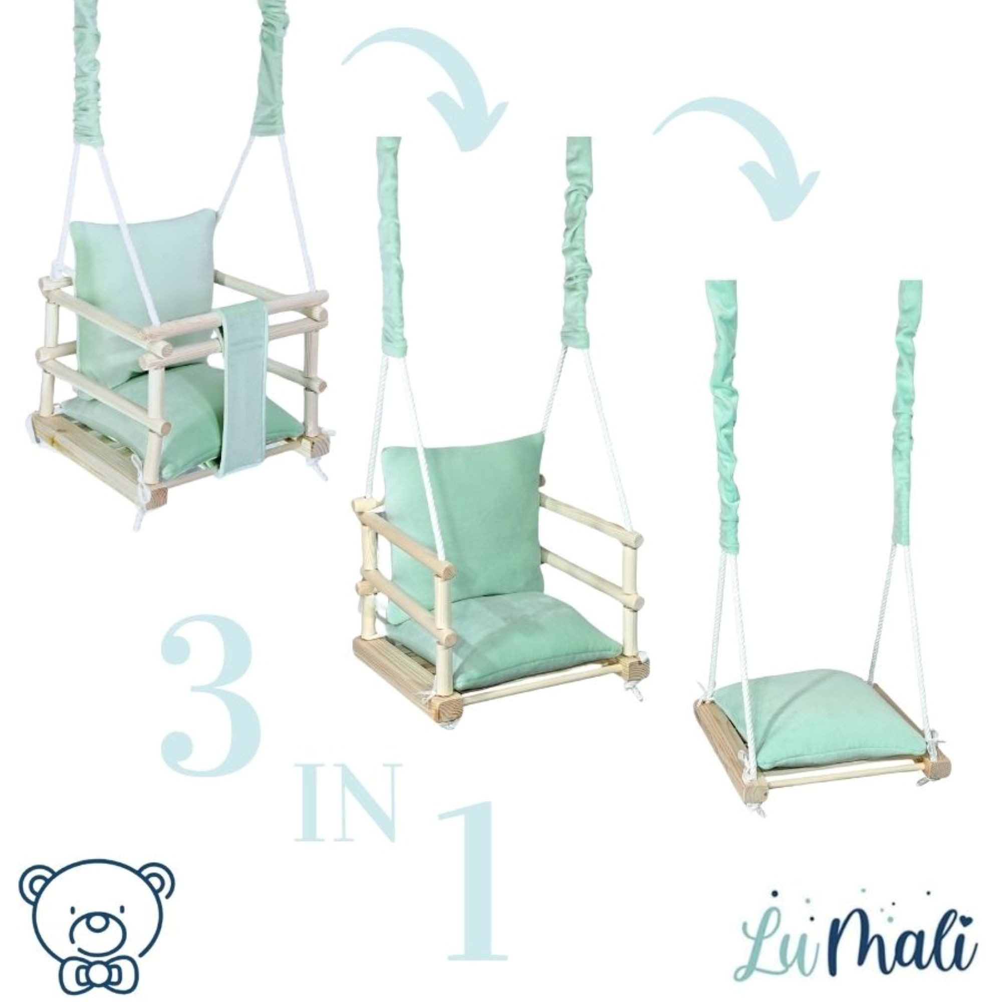 LuMali Babyschaukel Babyschaukel 3in1 Holz Sicherheitsgurt drinnen draußen 34x34x28cm, Kinderschaukel Naturholz Kiefer weich verstellbar 6-36 Monate