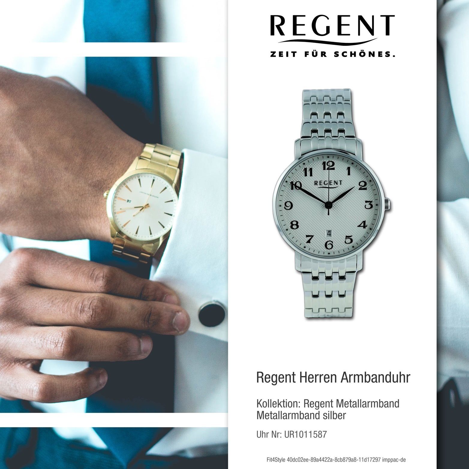 Regent Quarzuhr Regent Herren Armbanduhr Analog, silber, Herrenuhr Gehäuse, Metallarmband rundes (ca. groß extra 39mm)