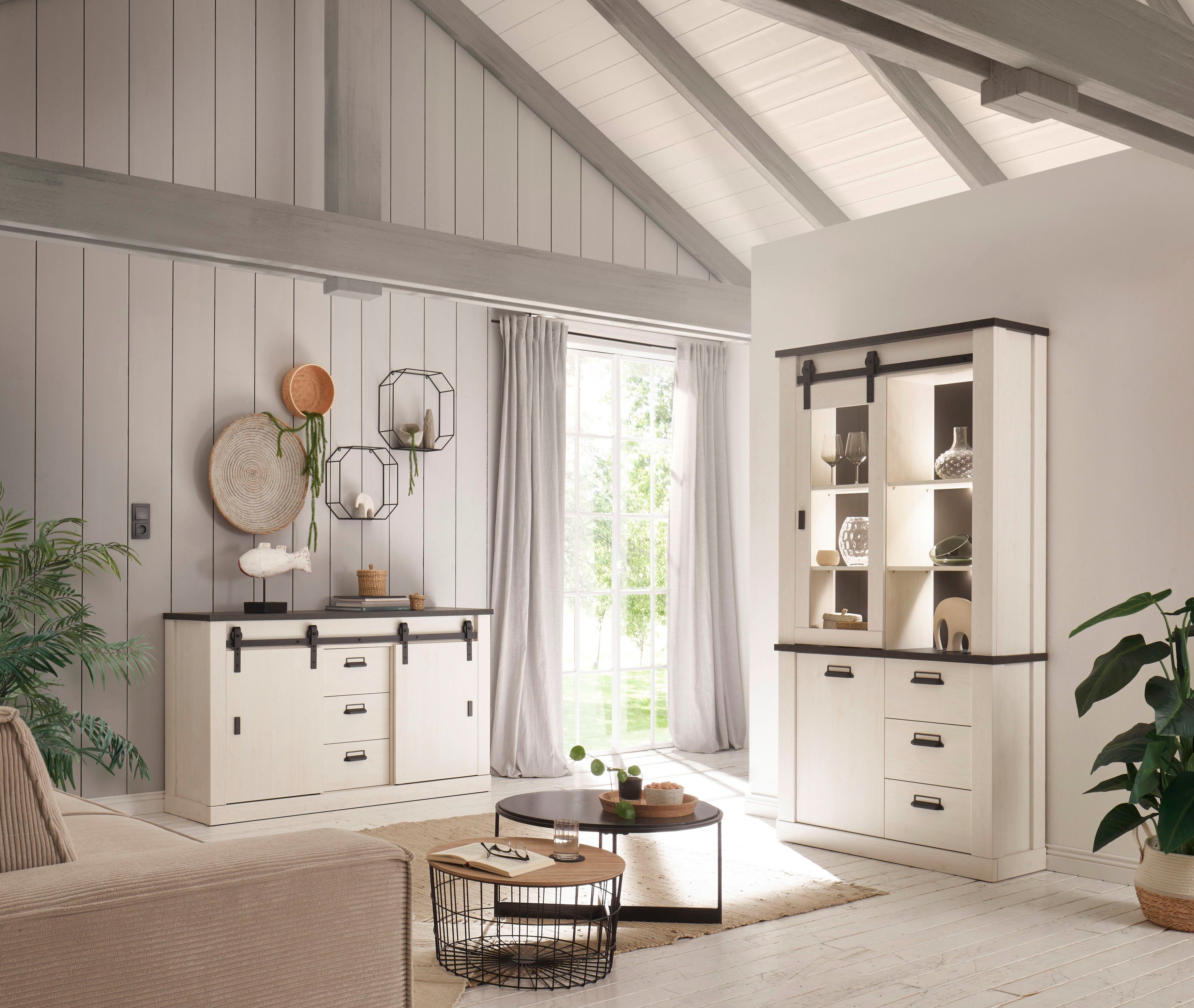 Home affaire Wohnwand SHERWOOD, (2-St), Scheunentorbeschlag und Apothekergriffe aus Metall, Höhe 201 cm