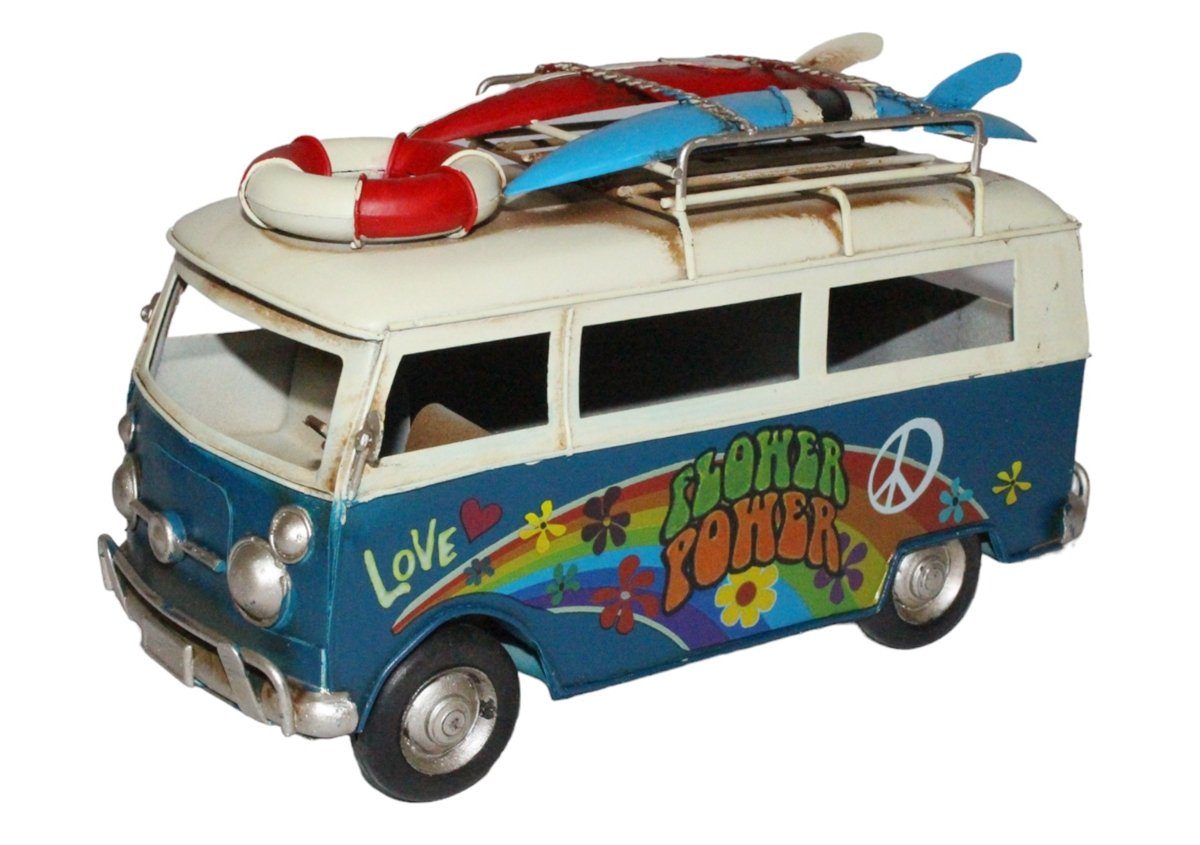 JS GartenDeko Modellbus Blechauto Deko Modellauto Oldtimer Surfer Hippie Bulli blau L 26 cm
