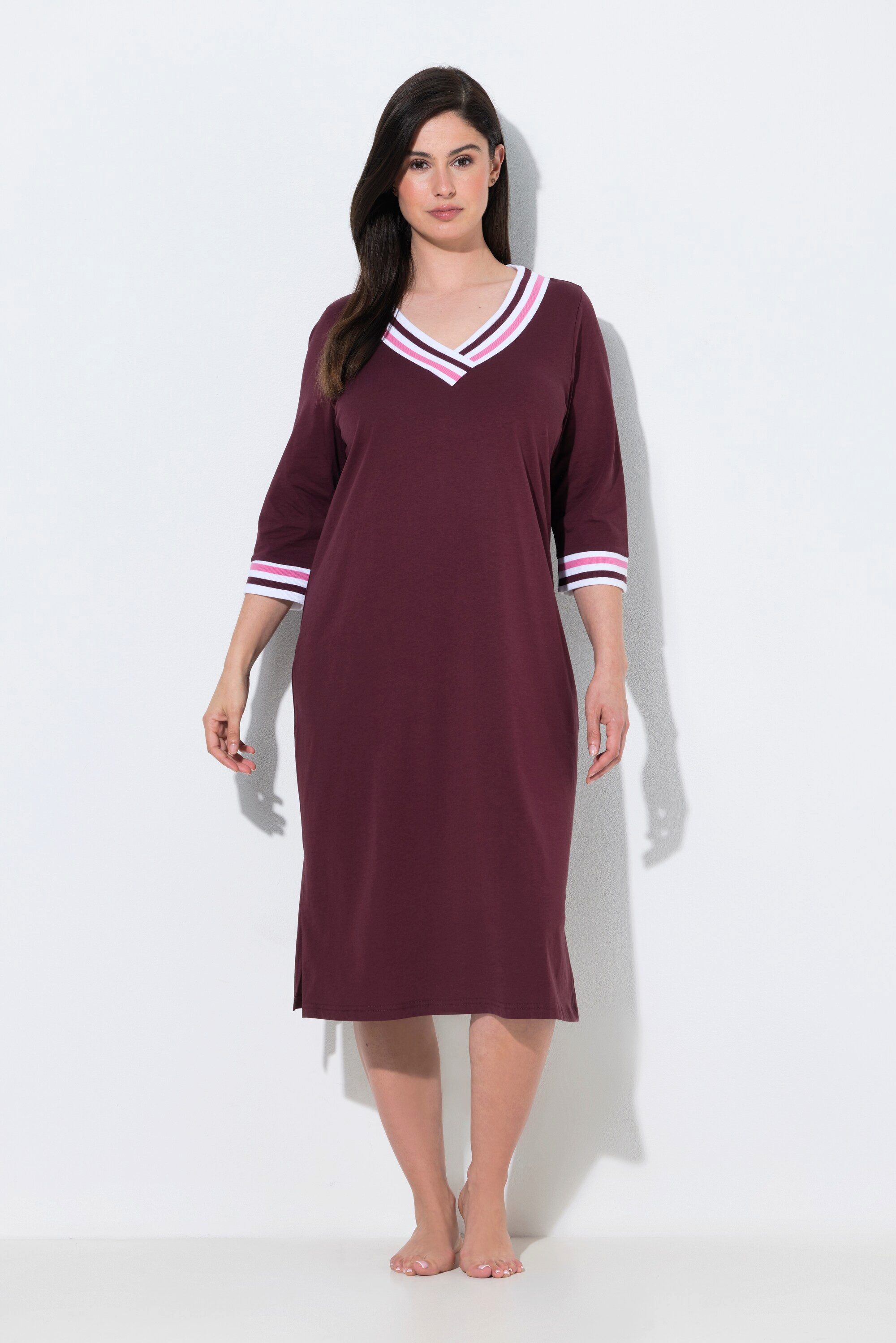 Ulla Popken Bigshirt Nachthemd Streifenkanten V-Ausschnitt 3/4-Arm