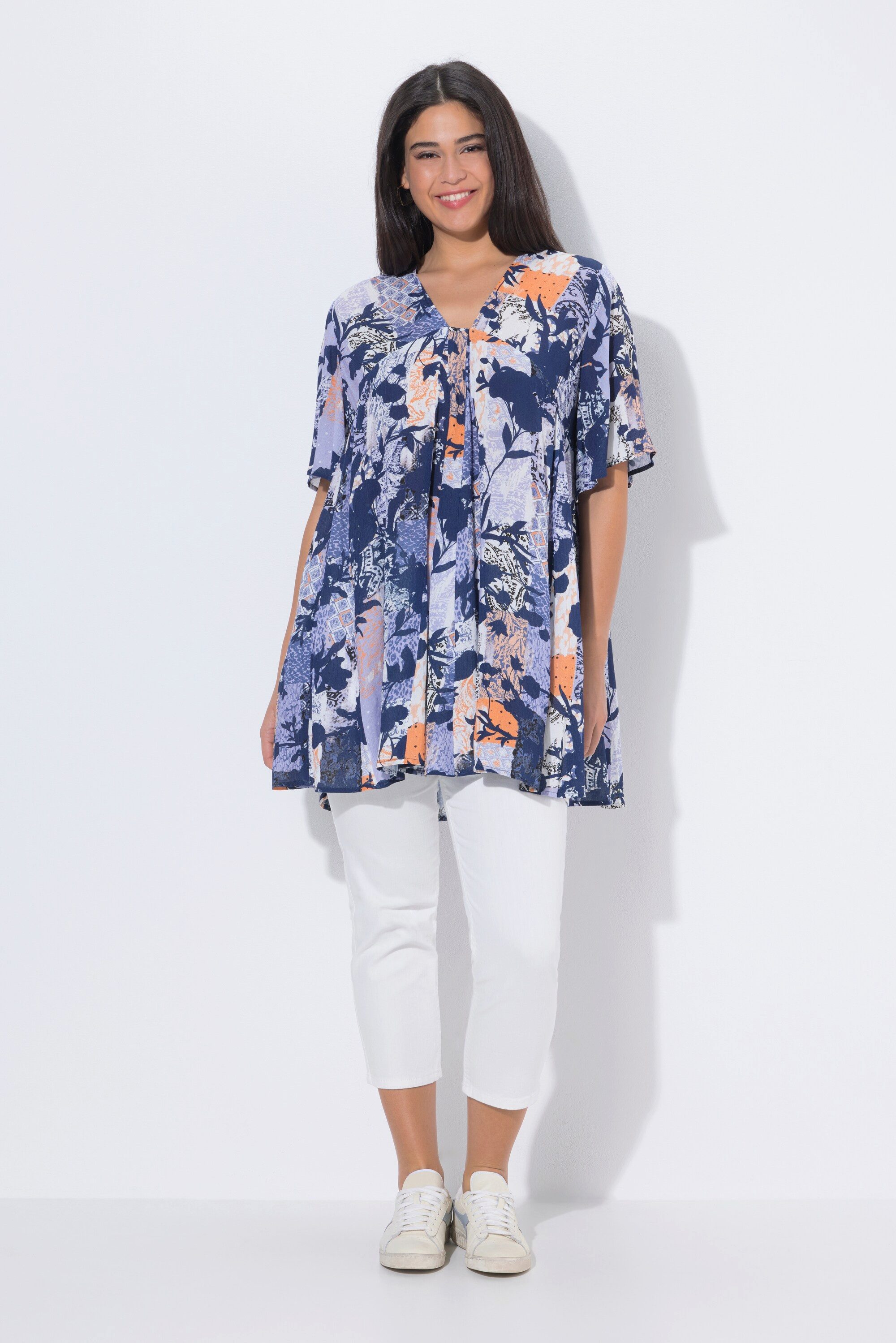 Ulla Popken Tunika Bluse Tiermuster A-Linie Carré-Ausschnitt Halbarm günstig online kaufen