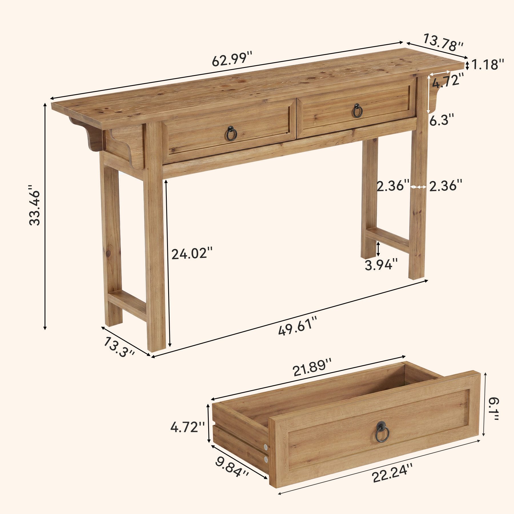 Tribesigns Konsolentisch Massivholz Konsolentisch 160 cm, schmaler Flurtisch mit 2 Schubladen, Landhaus Sofatisch für Diele – Bild 2 von 5