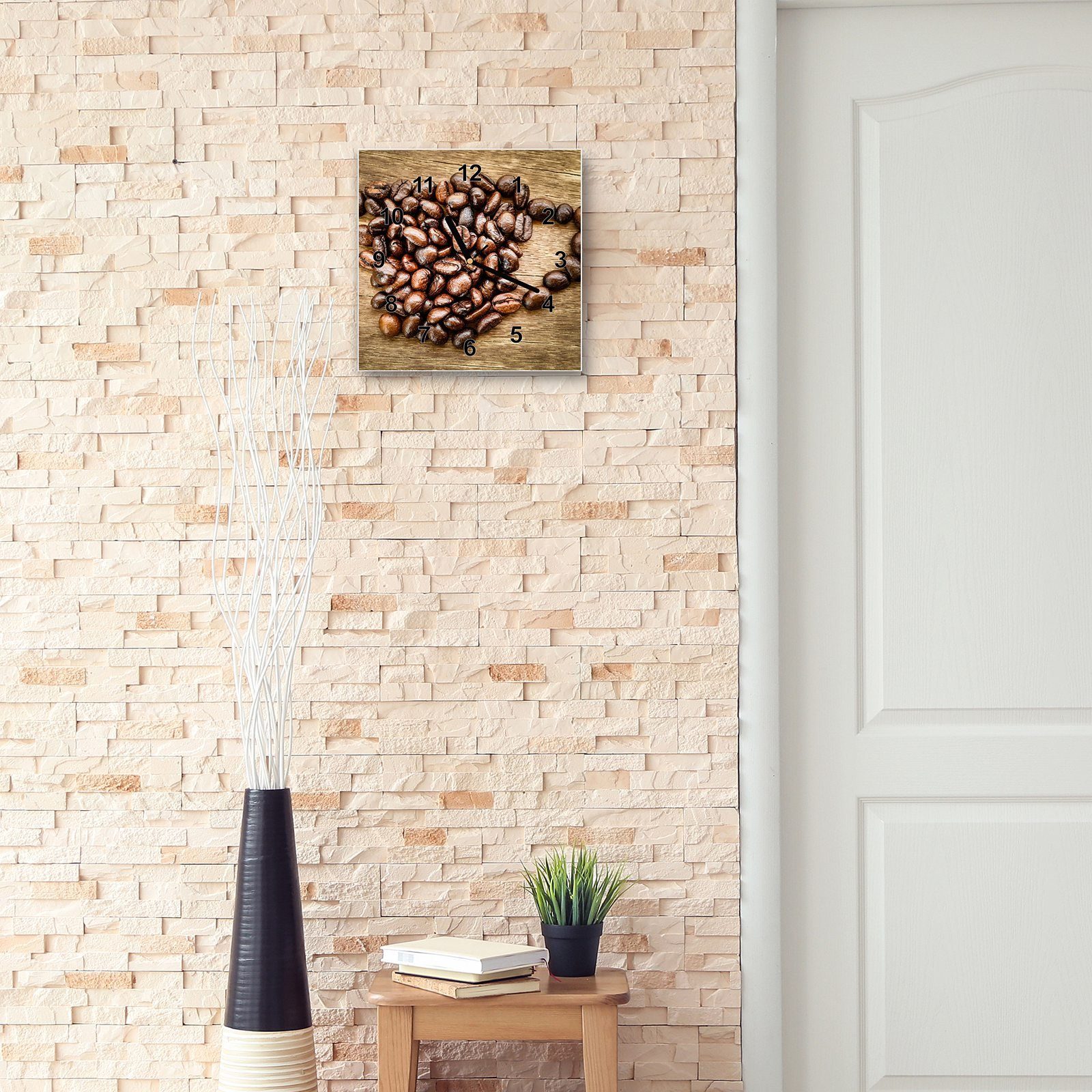 x 30 30 Primedeco aus Größe Glasuhr cm Wanduhr Wandkunst mit Tasse Kaffeebohnen Motiv Wanduhr