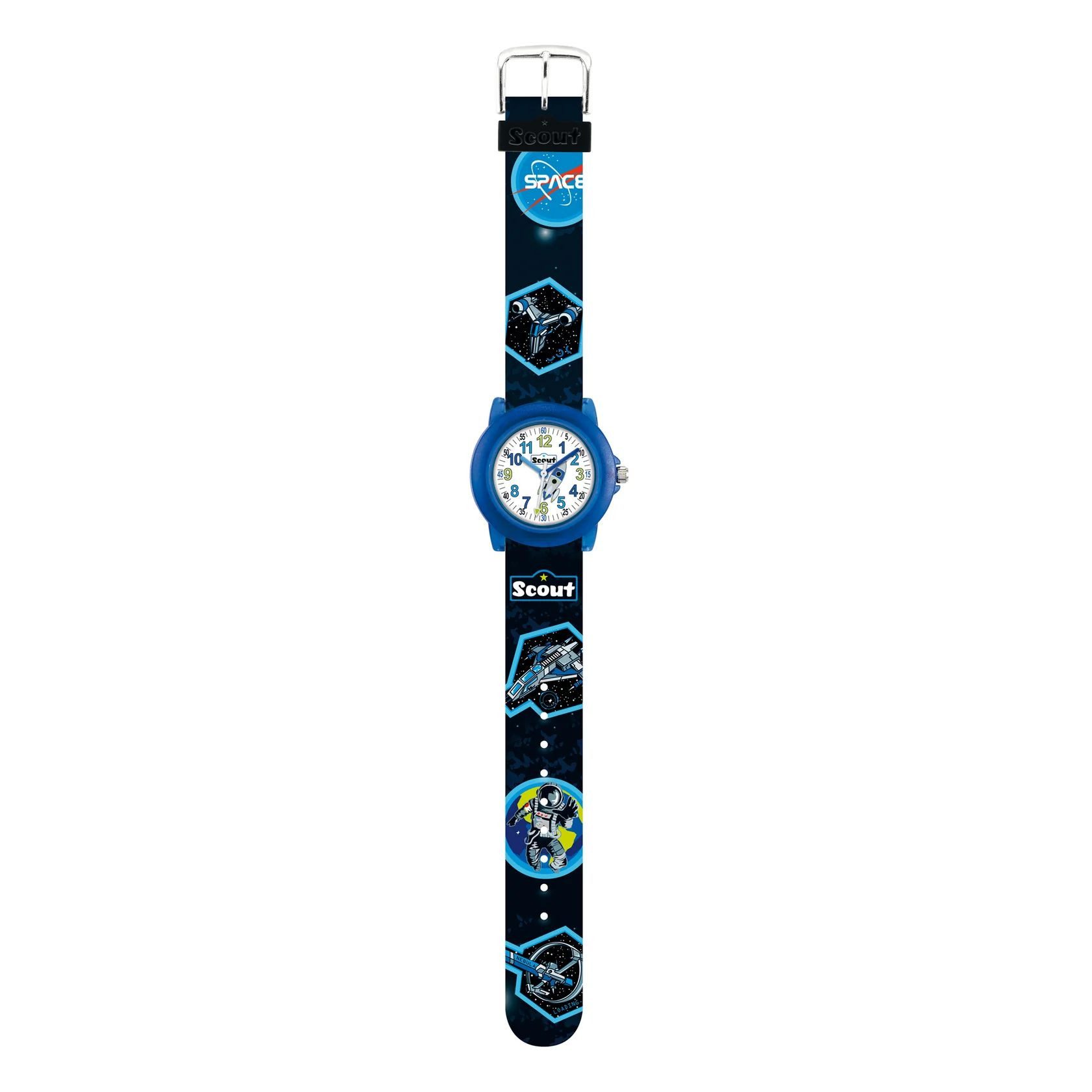Scout Quarzuhr Kinderuhr 164000011 Weltall Lernuhr Kunstlederband Schwarz 32 mm
