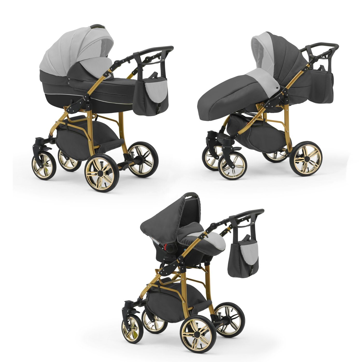 babies-on-wheels Kombi-Kinderwagen 3 in 1 Teile Cosmo in 46 Farben 16 - Dunkelgrau-Grau-Schwarz Gold- Kinderwagen-Set