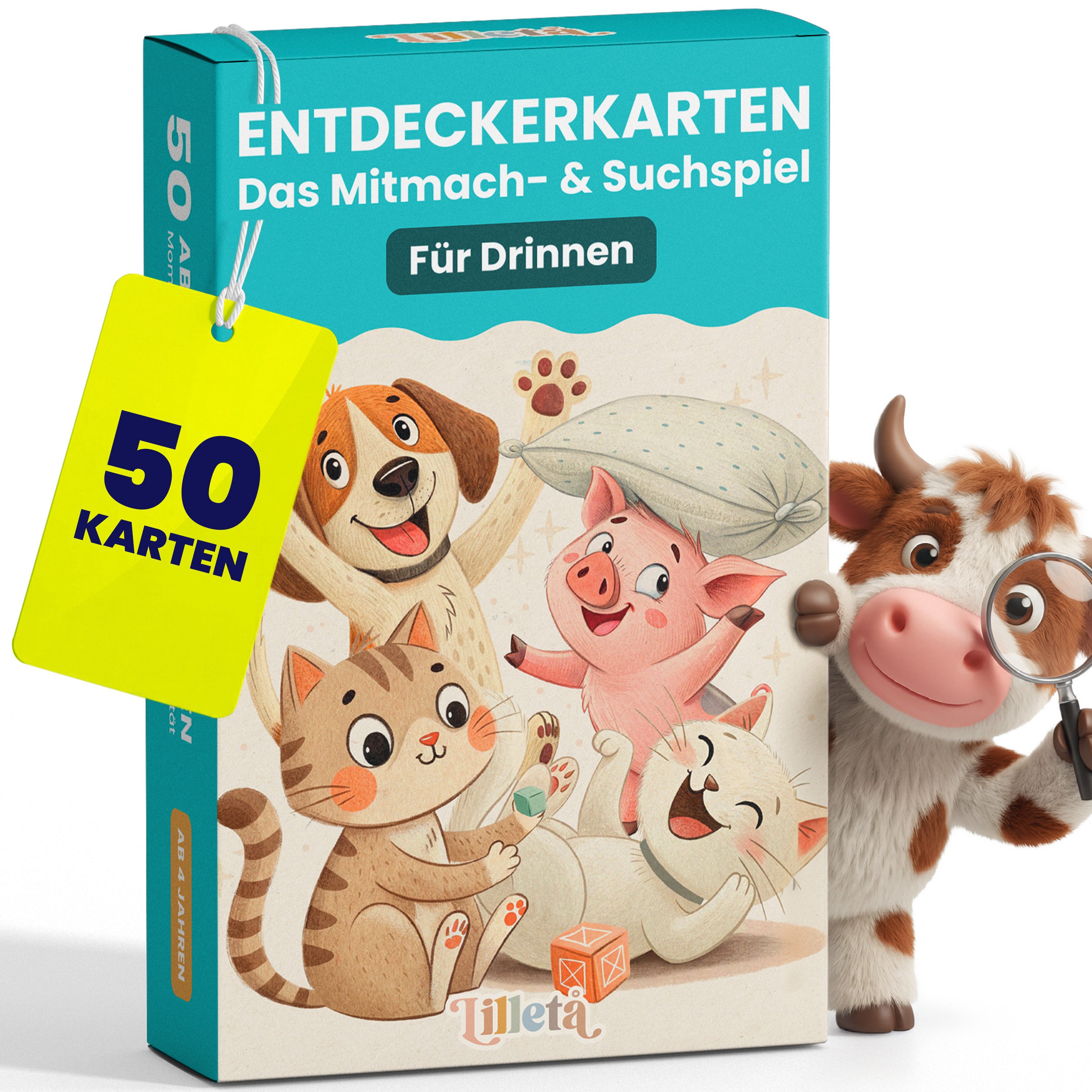 Lilletå Spiel Entdeckerkarten für Drinnen, 50 Aufgabenkarten für Kinder ab 4 Jahren, Indoor Spiel, Mitmachspiel für Regentage, Kindergeburtstag & Zuhause, 8 x 12 cm